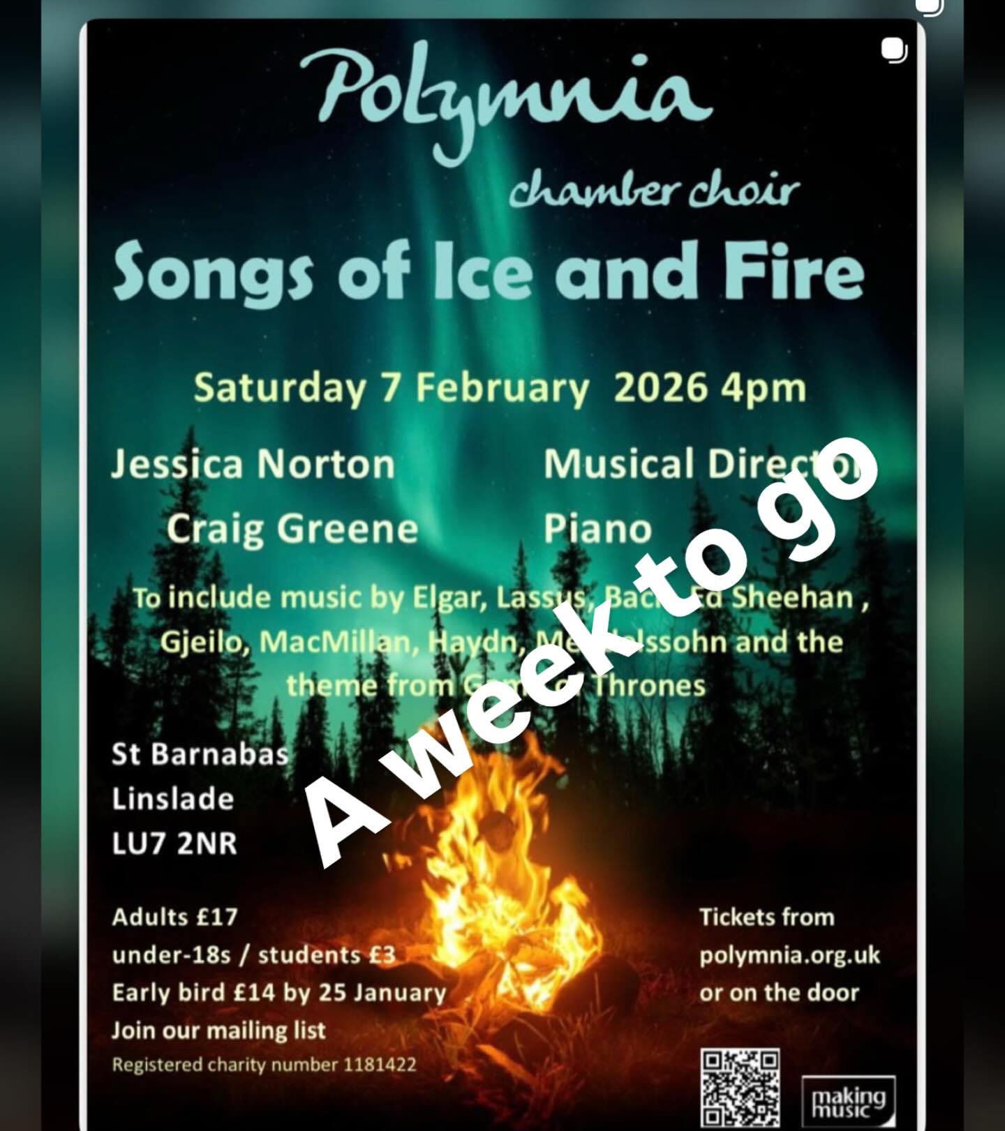 A week to go until our next concert Songs of Ice and Fire
Saturday 7th February at 4pm
Featuring music from Debussy, Elgar, Purcell, @gregharradinecomposer , @ericwhitacre , @ola.gjeilo and Ed Sheeran and many more.
To beheld at
St Barnabas
Linslade
LU7 2NR
Tickets available from
Polymnia.org.uk or on the door
Adults £17
Under 18’s students £3