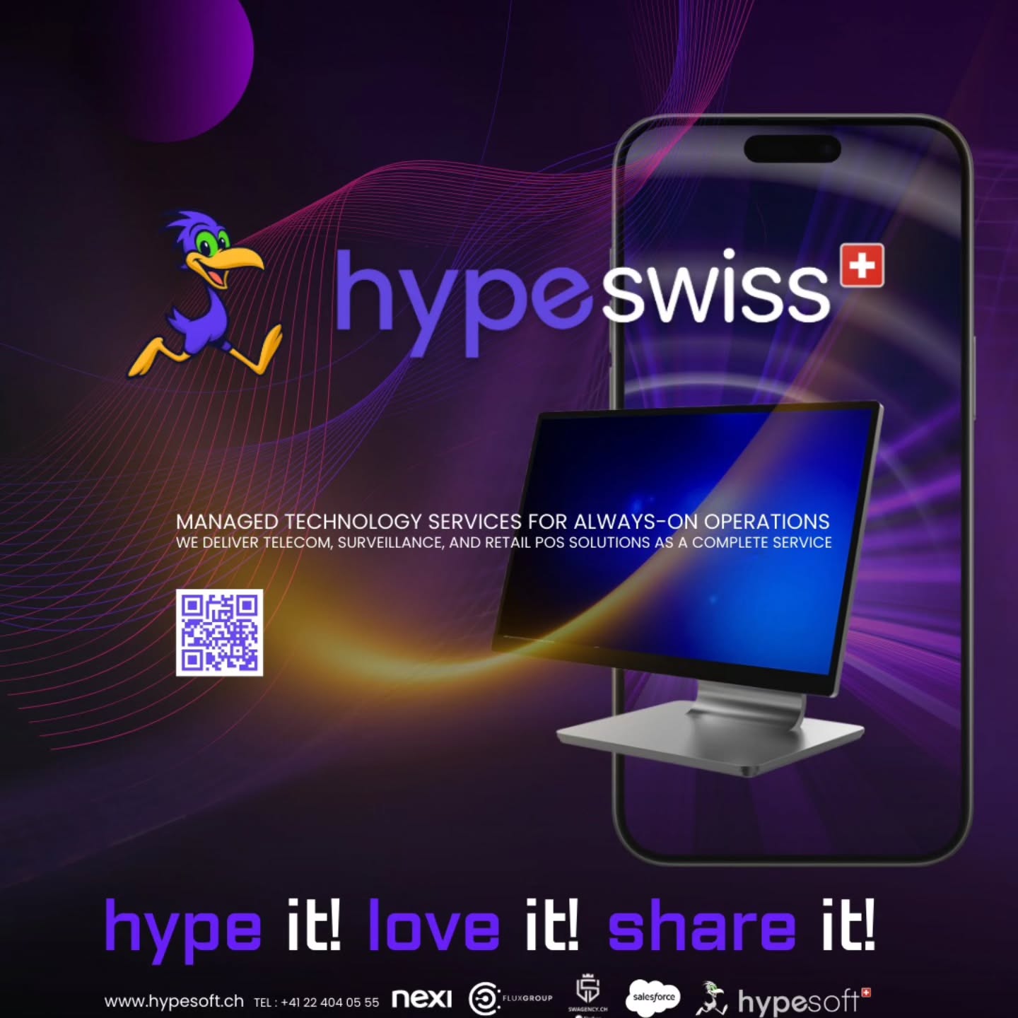 We deliver telecom, surveillance, and retail POS solutions as a complete service: we select the best market options, deploy hardware + software, and keep everything running with 24/7 support. Hype Soft Switzerland 022 404 05 55