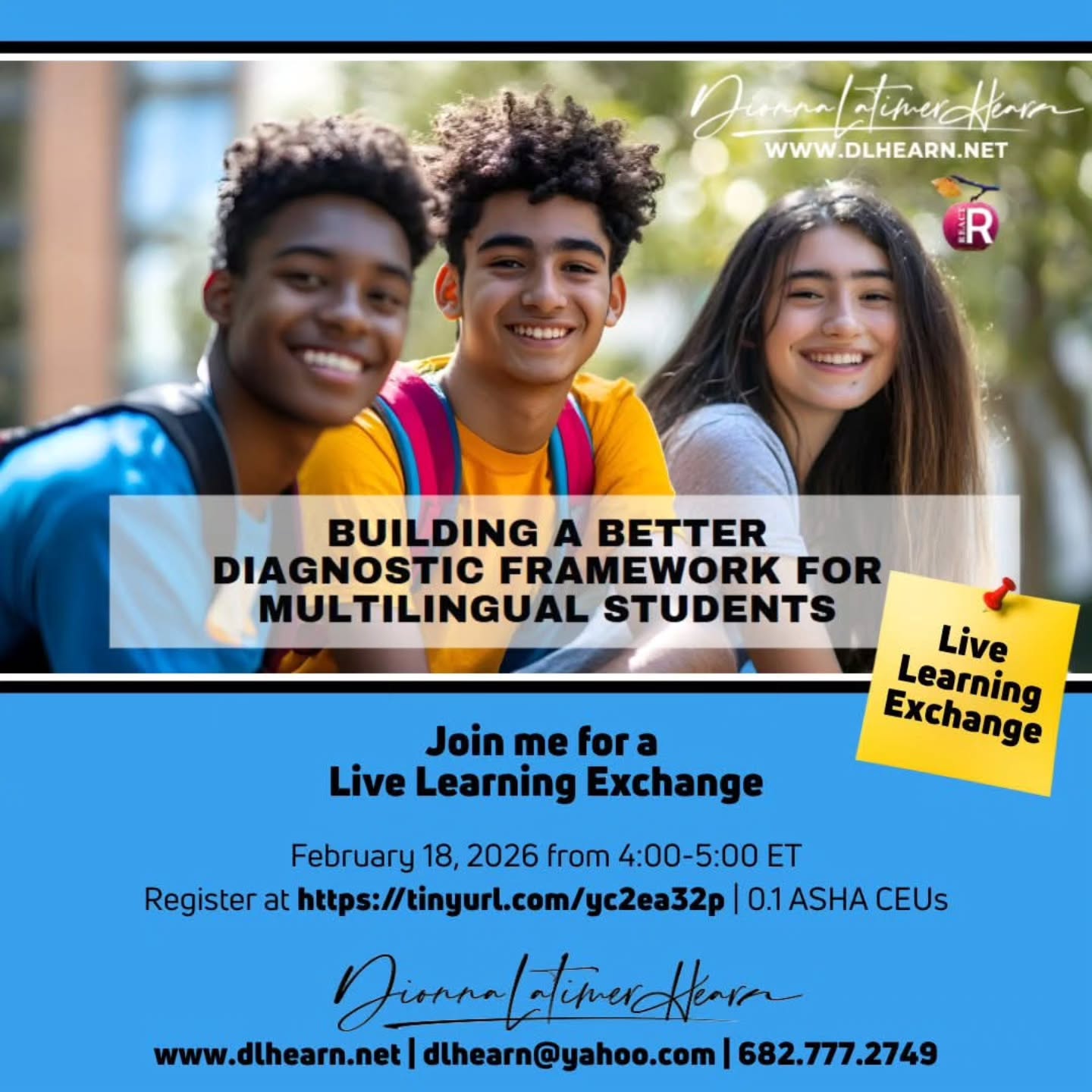 Live Learning Exchange — Single-Session Event
I’m leading a live, interactive discussion grounded in Building a Better Diagnostic Framework for Multilingual Students. This offering is especially meaningful to me, as it marks the first time ASHA has paired an on-demand course with a live learning exchange and I’m truly honored they chose to do so with me.
🗓 Feb 18, 2026
⏰ 4:00–5:00 PM ET
🕛 Register by Noon (ET) on 2/18
📍 Live on Zoom - Register at https://tinyurl.com/yc2ea32p
This space is for reflection, real talk, and shared learning. There will be no recording, just community. Completion of the asynchronous course is recommended but not required.
If you’re planning to attend, drop a 👋🏿 or “I’m in” in the comments. I look forward to connecting with you!
Note: Access to this course requires payment of the ASHA Learning Pass fee. I don't endorse that pricing model, but if you already subscribe, the course offers tools for equitable, culturally responsive assessment. For those without a Learning Pass, I also offer similar content through my various platforms. For more information about my work, visit www.dlhearn.net
#MultilingualLearners #SLPCommunity #EquityInEducation #DiagnosticJustice #LiveLearning respectthedialect theculturewespeak