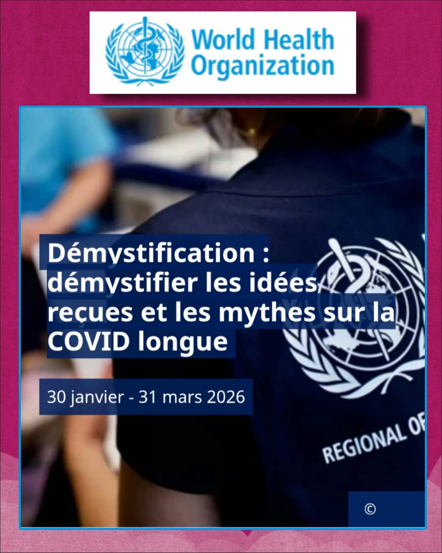 🧵#CovidLong : démystifier les idées reçues
📅 Campagne @whoeurope (30 janvier – 31 mars 2026)
Le #CovidLong continue d’affecter des millions de personnes dans le monde.
Pourtant, il reste l’un des aspects les plus mal compris de la pandémie.
Les mythes et la désinformation freinent encore :
➡️Le diagnostic
➡️La prévention
➡️Les soins
➡️La reconnaissance des patients
Pour y répondre, l’OMS/Europe, avec le soutien de l’Union européenne, a lancé une campagne de démystification basée sur :
🔹 Des données scientifiques
🔹 Des témoignages de patients
🔹 8 messages clés, clairs et partageables
🎯Objectif : mettre fin aux idées reçues.
📌 Définition OMS
Le #LongCovid désigne des symptômes qui :
▪️ Persistent au moins deux mois après une infection à la #COVID19
▪️ Affectent la santé physique, cognitive et mentale
▪️ Ont un impact réel sur le quotidien et la qualité de vie
📊 Ampleur du phénomène
➡️ Plus de 36 millions de personnes dans la Région européenne de l’OMS
➡️ Sur la période 2020–2022 uniquement
➡️ Le nombre réel est probablement bien plus élevé aujourd’hui
La baisse des tests et une surveillance inégale masquent l’ampleur réelle.
⚠️ Les idées fausses ne sont pas anodines.
Elles influencent :
❌La façon dont les patients sont perçus
❌La qualité des soins
❌L’accès à la reconnaissance et au soutien
❌La stigmatisation sociale et médicale
🔵Message clé n°1
👉 Le Covid Long peut toucher toute personne exposée au SARS-CoV-2
Être jeune, sportif ou en bonne santé ne protège pas du Covid Long.
🔵Message clé n°2
👉 Il n’est pas nécessaire d’avoir fait une forme grave de COVID.
Même une infection initiale légère ou modérée peut conduire à un Covid Long
Aucune condition préexistante n’est requise.
🔵Message clé n°3
👉 Le Covid Long est une maladie invalidante.
Il peut affecter :
▪️ La capacité physique
▪️ La cognition (mémoire, concentration, langage)
▪️ L’autonomie
Ce n’est pas “être un peu fatigué”.
⏬Suite en commentaire⏬ @stephanie.rist @emmanuelmacron @gouvernementfr