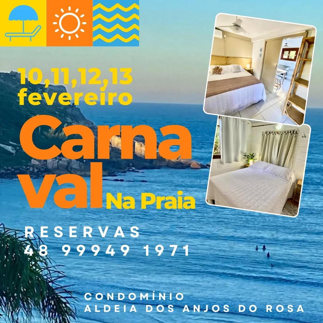 CARNAVAL NA PRAIA
10,11,12 e 13 de fevereiro.
RESERVAS pelo whatsapp
48 99949 1971
Vem curtir o carnaval a 300 metros do mar no conforto das Casas e Apartamentos Completos do Condomínio Aldeia dos Anjos do Rosa
OFERECEMOS
🔸Ar condicionado;
🔸Tv e Wi-fi;
🔸Estacionamento;
🔸Varandas e churrasqueira (em algumas unidades);
🔸Vista para o mar (em algumas unidades);
🔸Jardim arborizado;
🔸Localização privilegiada, no meio da praia, próximo da lagoa salgada, da guarita dos salva-vidas e do deck da fazenda, com bares e restaurantes atendendo na beira da praia, nas cadeiras protegidas com guarda-sóis, piscinas naturais e trilhas com vistas deslumbrantes.
Hospedagem na Praia do Rosa é no Condomínio Aldeia dos Anjos do Rosa. Reserva e vem!!
#aldeiadosanjosdorosa #sc #santacatarina #saopaulo #argentina #rs #vemprorosa #pdr #praiadorosa #imbituba