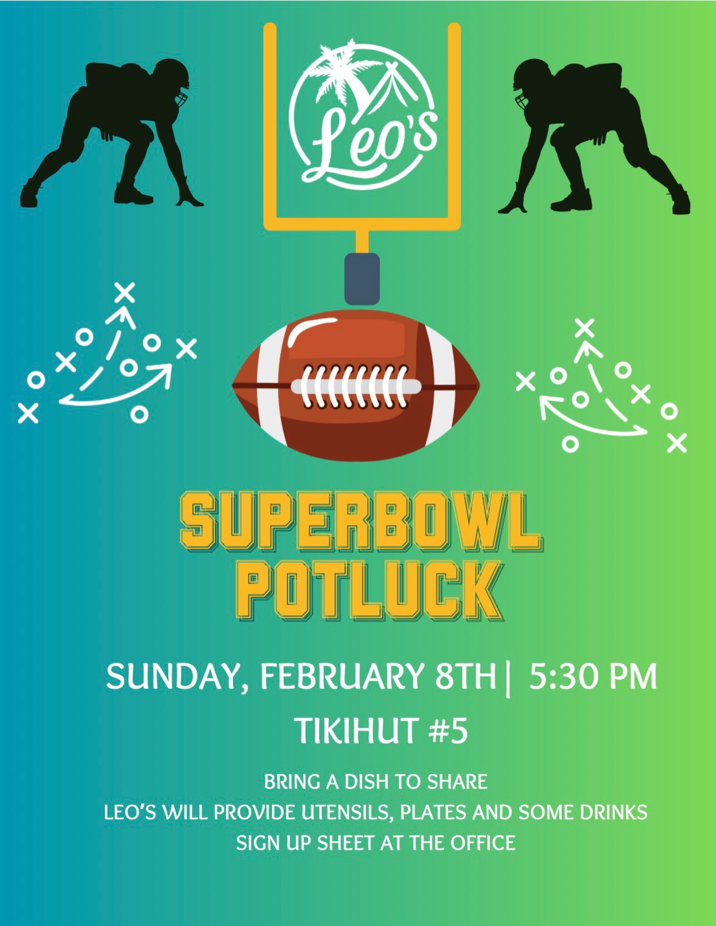 🏈🎉Leo's Super Bowl Potluck 🍕🍗
📍Tiki Hut #5
📆Sunday Feb 8th
🍽️ bring your favorite dish to share
✍️ sign up at the office
Let's feast and cheer on our teams 🙌🔥 #SuperBowlPotluck #leoskeywestcampground #rvlife #floridakeys