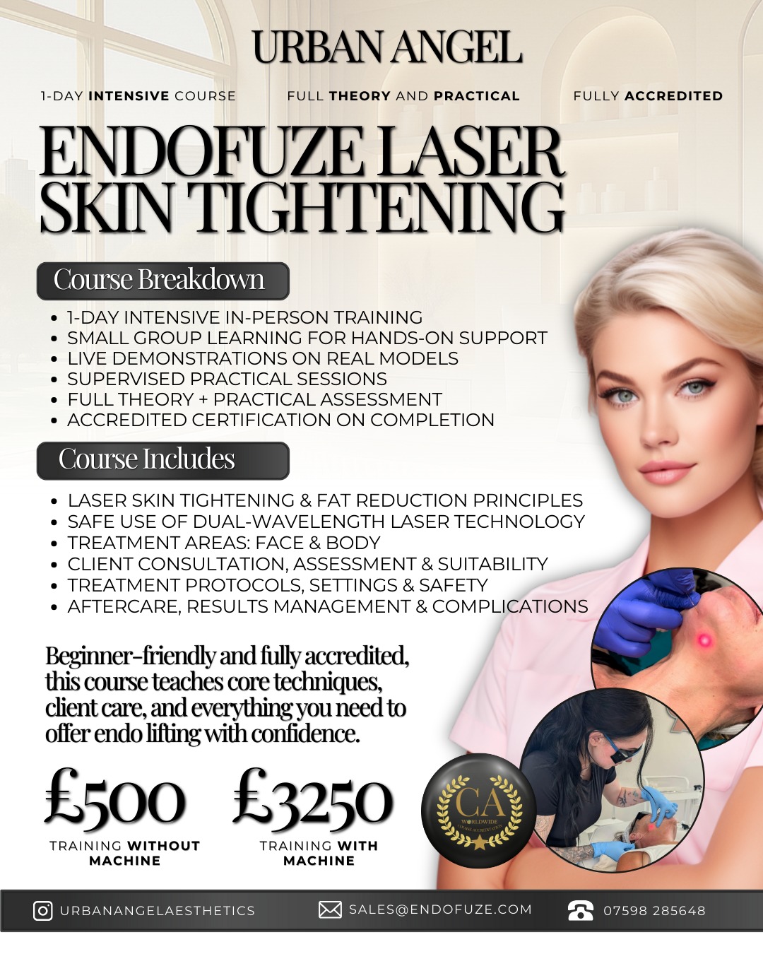 Some treatments change skin.
Others change your business.
EndoFuze™ Laser Skin Tightening is a refined, results-driven treatment — and this 1-day intensive training gives you the confidence to offer it properly, safely, and beautifully.
Designed for advanced practitioners, this course blends in-depth theory with hands-on practical training, so you leave feeling assured, supported, and fully accredited.
✨ What you’ll experience:
• Small, intimate training groups
• Live demonstrations on real models
• Face & body protocols
• Dual-wavelength laser technology
• Clear treatment parameters, safety & aftercare
Investment:
£500 — training only
£3,250 — training + machine
For practitioners ready to elevate their clinic offering and step into higher-value treatments, this is a natural next move.
Spaces are intentionally limited to protect the learning experience.
📩 DM “TRAINING” for full course details.