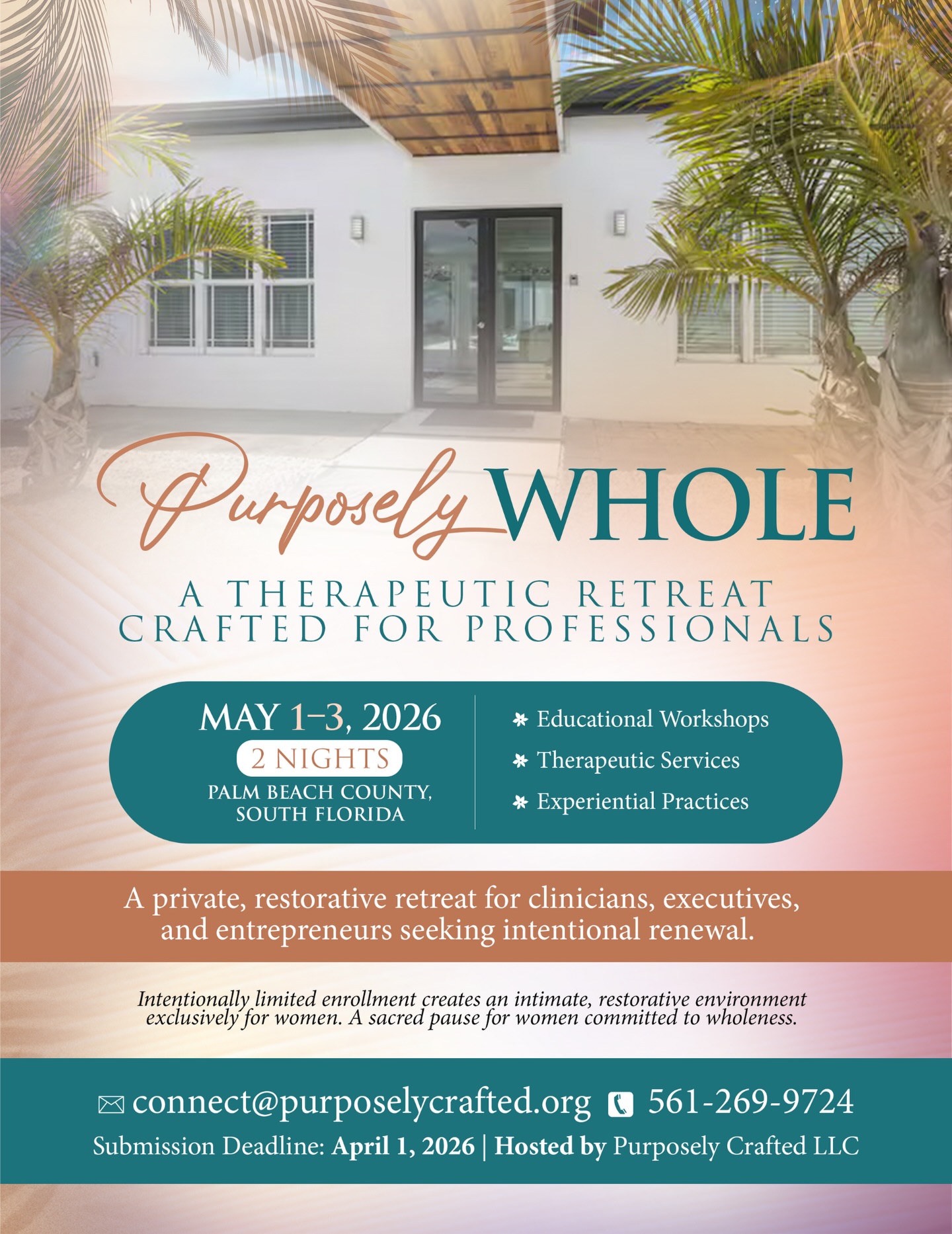 An intimate therapeutic retreat in Westlake Florida for 5 professional women to rest, reflect, and renew in community.
#PurposelyWholeRetreat #WomensWellness #WomenSupportingWomen #CraftingCommunity