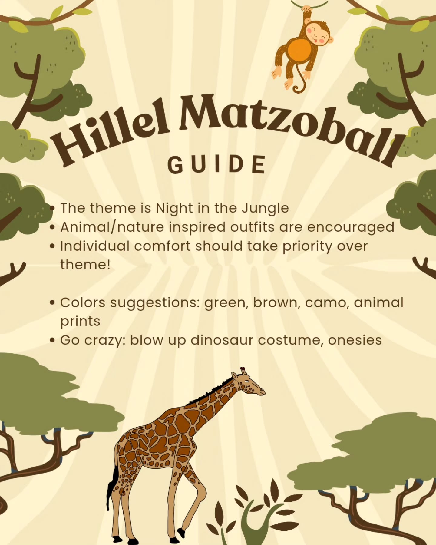Matzoball is happening this THURSDAY!
Wondering what to wear to this night in the jungle? We've got you covered!
Stop by Hillel this week to get your wristband before the event!