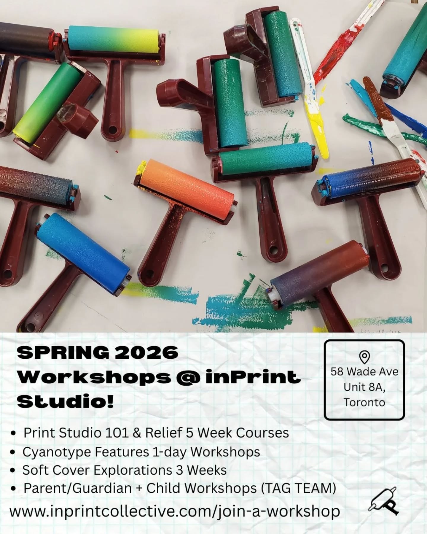 Spring Workshops are now available!
We love having things to look forward to in this cold cold weather so our Spring 2026 offerings are up and ready for registration!
We still have fantastic options available for our Winter season but now you can plan ahead right up until June. Join us for our ever-popular Print Studio 101, or dive into more alternative printmaking practices with Pronto Plate Printing. We've also taken some new perspectives on Cyanotype this season - learn to make Paper Eggs or to transform your prints into a beautiful blue bouquet (just in time for Mother's Day)!
We've also got a Father's Day edition of Tag Team, and we're introducing a three week course that does a bit of a deeper dive into soft cover bookbinding.
We can't wait to see what you make in our studio! Info and registration in the link in our bio or at www.inprintcollective.com/join-a-workshop
ID: 9 photos in the carousel, all featuring an image and text related to individual Spring workshops.