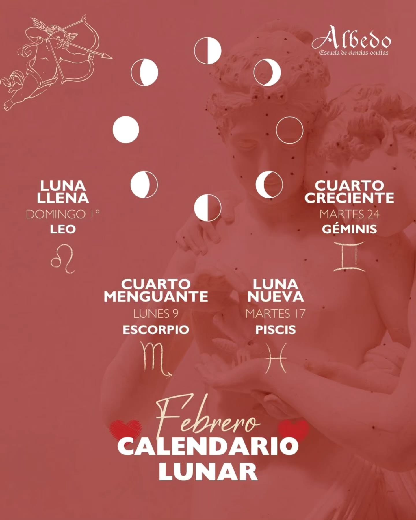 Febrero se mueve al ritmo de la Luna.
Y tú también puedes hacerlo.
Este calendario lunar te invita a escucharte, a saber cuándo expandirte, cuándo soltar y cuándo volver a ti.
🌕 Luna Llena en Leo
Reconecta con tu valor, tu voz y tu derecho a brillar.
🌗 Cuarto Menguante en Escorpio
Depura emociones, suelta viejas heridas y apegos.
🌑 Luna Nueva en Piscis
Siembra intenciones desde el corazón, sin exigencias.
🌓 Cuarto Creciente en Géminis
Nombra lo que deseas, comunícalo, dale forma.
🌹 Ritual de amor propio (Luna Nueva o Luna Llena)
✨ Necesitas:
– Una vela rosa o blanca
– Un espejo
– Un papel y algo para escribir
Enciende la vela y mírate a los ojos en el espejo.
Coloca una mano en tu pecho y respira profundo 3 veces.
Escribe una frase que empiece con:
“Hoy elijo tratarme con…”
Léela en voz alta, sin prisa.
Agradece a tu cuerpo, a tu historia y a tu proceso.
.
.
.
#CalendarioLunar #astrogirl #rituales
#amorpropio❤️ #astrologiafemenina