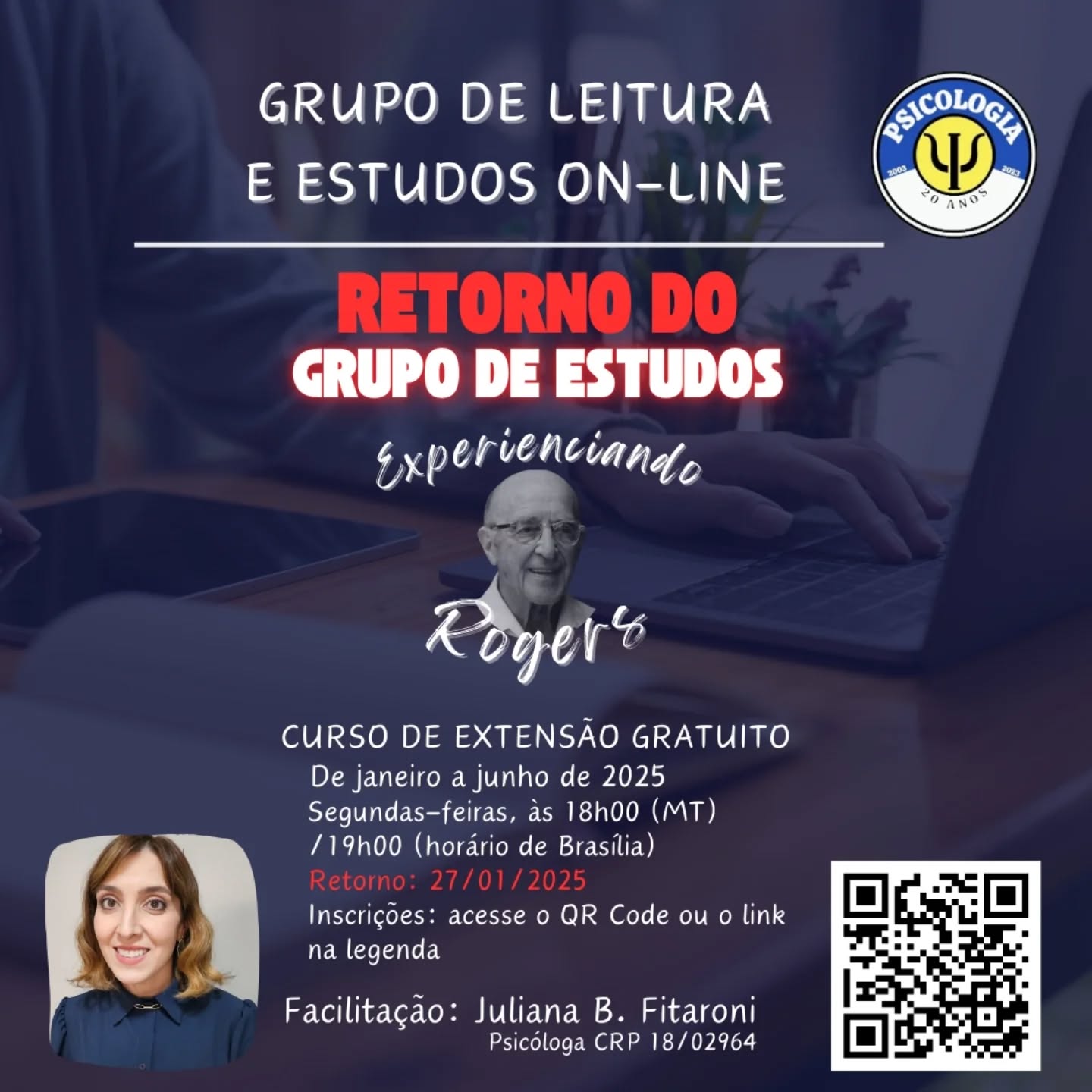 Olá, pessoal!
Ano começando e retornaremos o grupo de estudos do livro "Psicoterapia e Consulta Psicológica" no dia 27-01-2025, às 18h (MT)/19h(Brasília)
Ainda podem entrar novos participantes, estamos na página 56 do pdf do livro (que posso compartilhar)
É gratuito e tem certificado de Curso de Extensão das horas que participarem.
Compartilhem com quem possa se interessar, por favor!
A inscrição pode ser realizada pelo QR Code ou pelo link:
https://docs.google.com/forms/d/e/1FAIpQLScwjicQnNLhc1h_uM93O3SpnehPgrVCbfnBi36HcKxcDIXb2g/viewform?usp=sf_link
Abraços!
Juliana B. Fitaroni
Psicóloga
CRP 18/02964