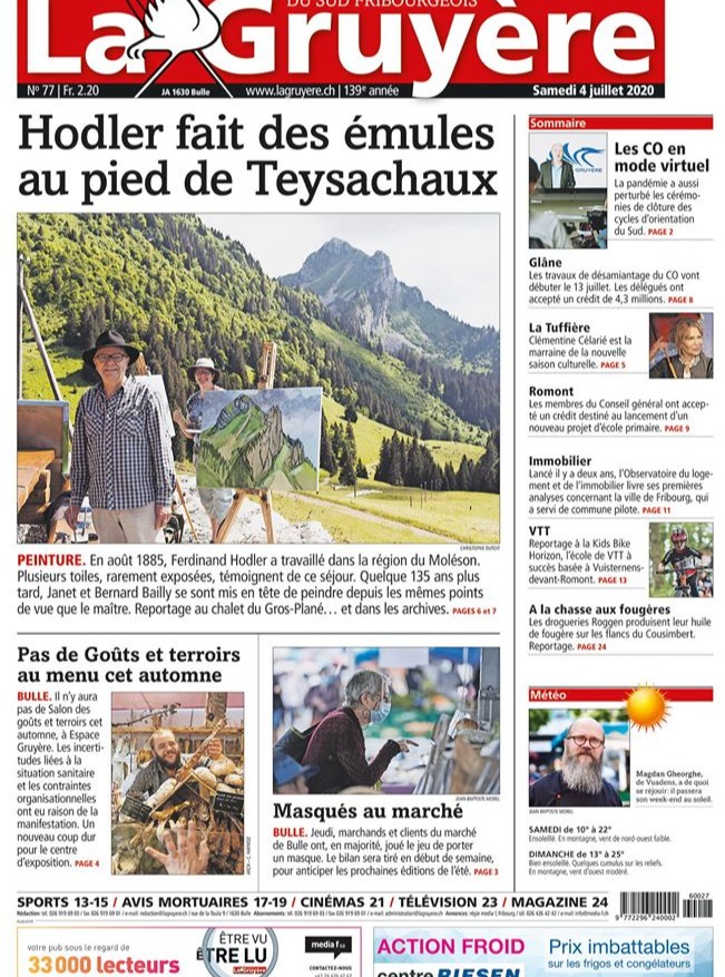 Nouveau site www.bernardbailly.ch
«Hodler n'a pas eu une grosse production dans la région», entame Bernard Bailly. Cependant quatre tableaux au Moléson et à Teysachaux lui sont attribués, ainsi que trois autres au Gantrisch. Enfin, il a signé trois autres toiles en amont de Montbovon. «Nous savons qu'Hodler a séjourné au Pays-d'Enhaut.» De ces pérégrinations vieilles de plus d'un siècle, les Bailly ont retenu les « spots » du Gantrisch et de Teysachaux. Assidus, ils ont retrouvé les lieux où Hodler s'était installé. « Comme mes formats sont plus petits que ceux de Bernard, je peux commencer mes toiles en extérieur et les terminer à la maison (dans le bureau pour Madame, dans le garage pour Monsieur, ndlr) », éclaire Janet Bailly. Même si se déplacer avec tout cela n'a rien d'évident. Son mari, lui, fait des croquis et beaucoup de photos, puis travaille en atelier.