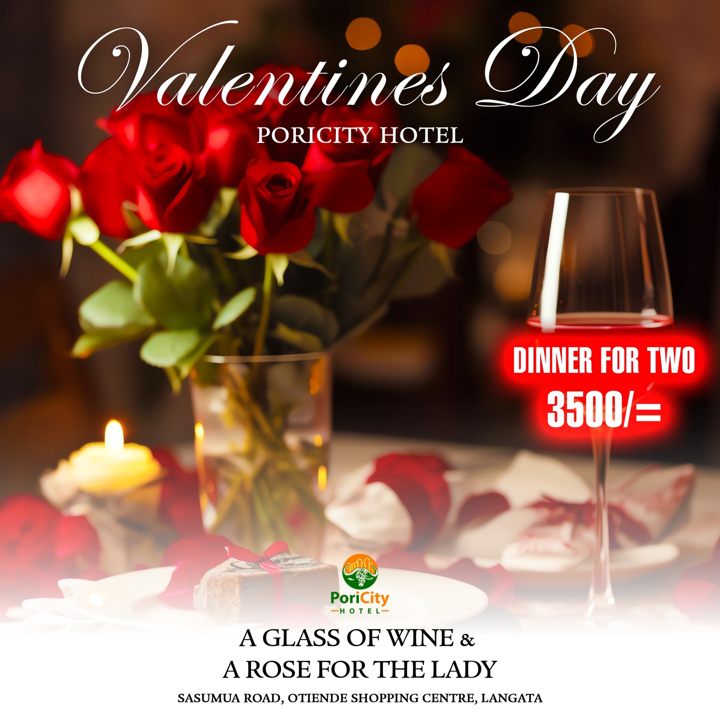 Enjoy a Valentineโs Dinner for Two at just KES 3,500, complete with a glass of wine and a rose for your lady ๐น๐ท.
Because love tastes better when shared at @poricityhotel ๐