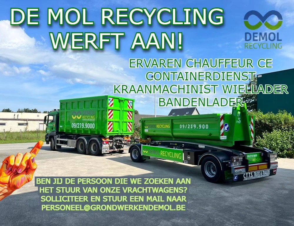 ♻️ @demolrecycling ♻️ zoekt ervaren chauffeurs CE voor containertransport!
Word jij onze nieuwe vertegenwoordiger bij de klanten?🙋♂️🙋♀️
Help je graag mee afval een nieuw leven te geven?
Een CE-rijbewijs op zak?
Ervaring met een wiellader / bandenlader?
Dan ben jij de ideale kandidaat om ons team te versterken.
Met onze vrachtwagen als je vaste partner in crime.🚛
Eens gevuld, afdekzeil erop. Dan kan je weer veilig de baan op😉
📱 www.demolrecycling.be
📞 09 337 70 56
📩 personeel@grondwerkendemol.be
#demolrecycling #vacature #teamdemol #chauffeurCE #chauffeur #recycling #recyclage #containerverhuur #afvalcontainer