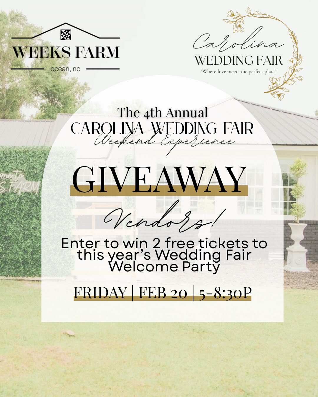 Vendors, this one’s for you 🥂✨
February is Wedding Fair month and to celebrate we’re giving away 2 tickets to the Carolina Wedding Fair Welcome Party (+ admission into Saturday’s vendor showcase)
Here’s how to enter:
▫️Follow @carolinaweddingpartners and @weeks.farm
▫️ Share this post to your story and be sure to tag us!
▫️ Tag 1 vendor friend in the comments below who you would love to bring with you to the party (1 Tag = 1 entry)
The winner will be announced this Friday, February 6th! This giveaway is open to any wedding vendor or local business - so tag your friends! We can’t wait to see you “Where love meets the perfect plan”
For more information about this exciting event, what’s included in this years VIP Ticket, or to view a current list of wedding fair showcase vendors - comment “fair” below 🩵💍