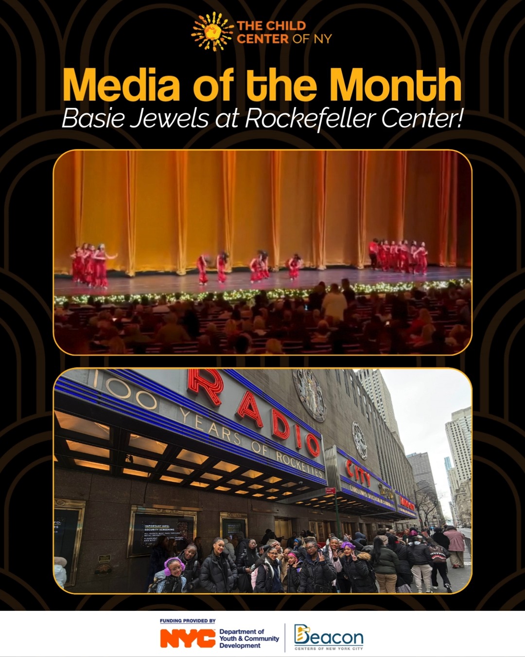 This unforgettable moment captures members of the Basie Jewels dance group performing on one of New York City’s most iconic stages! Through The Child Center’s Basie Beacon Program, young people are building confidence, discipline, and joy through the arts, and shining while they do it.
Beacon Programs, funded by the NYC Department of Youth & Community Development (DYCD), provide safe, enriching spaces where youth can explore their talents, strengthen community, and thrive year-round. Seeing these dancers light up Rockefeller Center is a powerful reminder of what happens when young people are given opportunity, support, and room to dream big!
We’re so proud of these performers and grateful to DYCD for making moments like this possible.