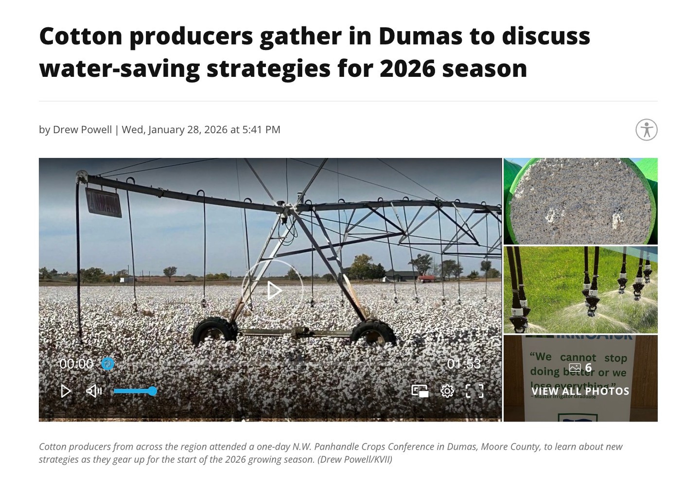 Cotton producers from across the Panhandle gathered in Dumas to discuss water-saving strategies ahead of the 2026 growing season. As highlighted by ABC 7 Amarillo (link in bio), conversations centered on improving efficiency, adapting to limited water resources, and using data and technology to protect both yields and long-term sustainability. These are exactly the kinds of producer-led discussions that matter as water continues to shape the future of agriculture in our region. We appreciate the leadership of our growers and partners who are working proactively to ensure Panhandle agriculture remains strong for generations to come. #TheRANGE #PanhandleAg #Water