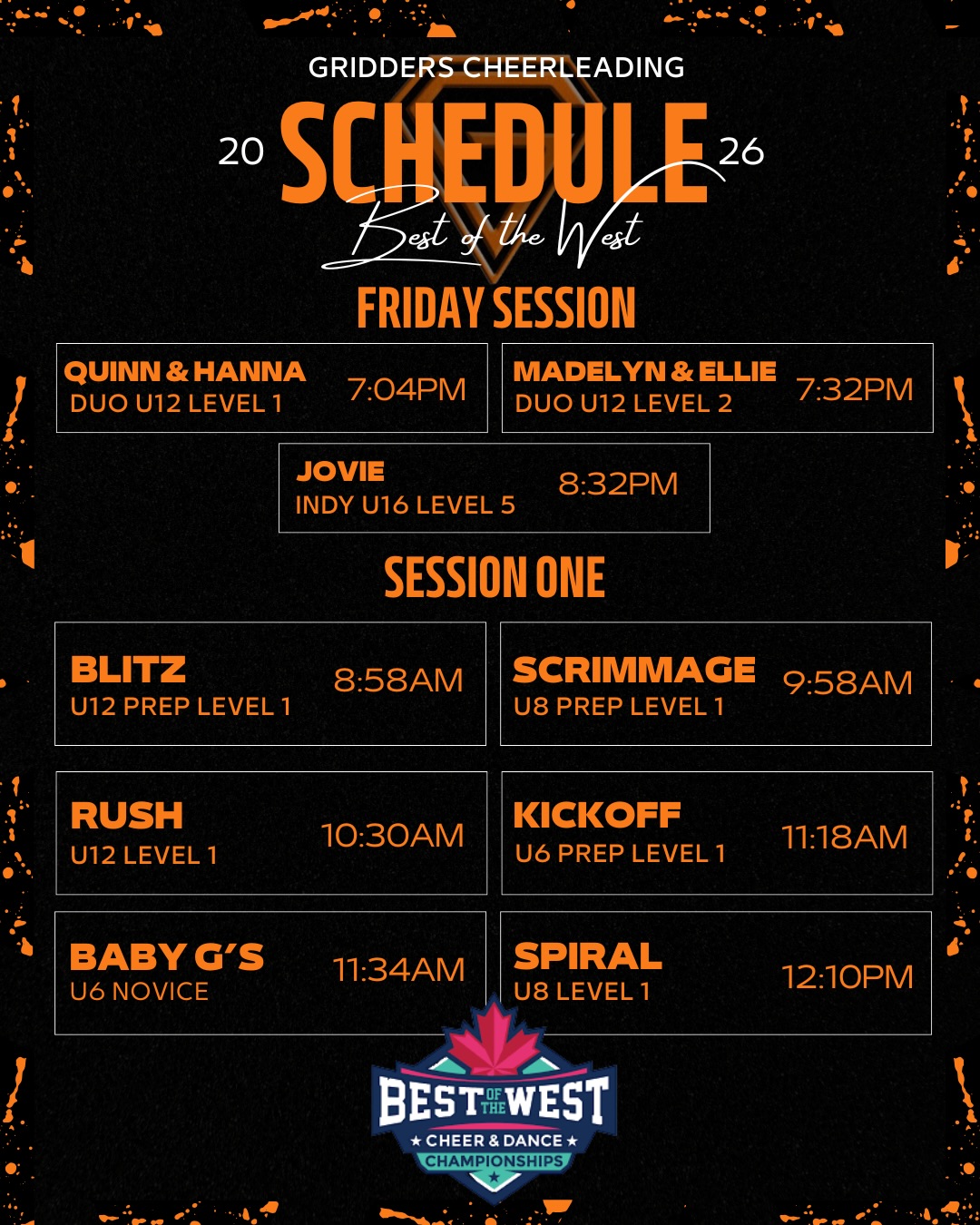 It’s go time! Catch us at @botw.cheer this weekend - Fan zone, we want to see you LOUD and ORANGE 🧡📣
#sask#cheer#compeition#weekend#griddercheer