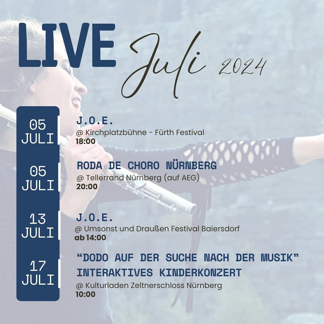Und schon ist auch schon Juli, Mensch wie die Zeit vergeht…
➡️ Hier wieder eine kleine Monatsübersicht. Wir spielen auch wieder mit J.O.E. @jupiterorbitescape Juhuuuuu! 🎶🥳 Kommt am Freitag aufs Fürth Festival oder zur Roda - oder wie ich zu beidem 🤪
Kommt vorbei, ich freue mich auf euch!
@chorotuiuiu @m.joaolucas @aronhantke @maryna_musik @joe.loba @ohrenspielerei
#live #livemusic #musicianslife #choro #rodadechoro #chorotuiuiu #brazilianmusic #kinderkonzert #dodoaufdersuchenachdermusik #neuetermine #kalender #joeband #jupiterorbitescape