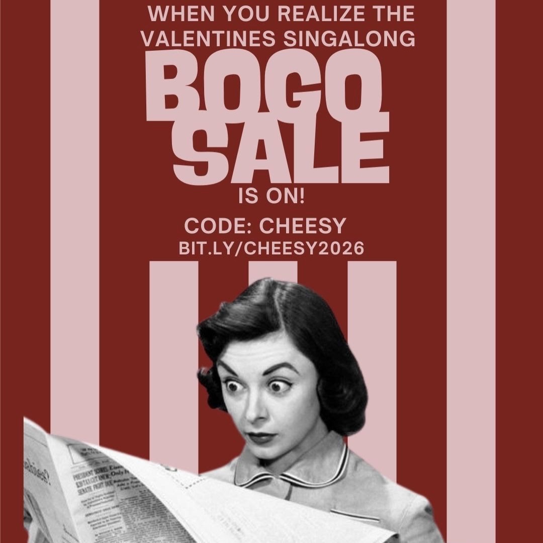 What makes a sing-along party even better? A SALE. Obviously.
For a limited time, we’re doing BOGO tickets to the Cheesy Love Song Sing-Along — because screaming the words to I Want It That Way is always better with a friend by your side.
This is your sign to:
• Make it a Valentine’s date
• Bring your bestie
• Rally the group chat
• Or convince that one friend who “doesn’t sing” (they absolutely will)
We’re talking big hooks, big feelings, hands-in-the-air moments, and a room full of people yelling Don’t Stop Believin’ like it’s a team sport. You already know the vibes.