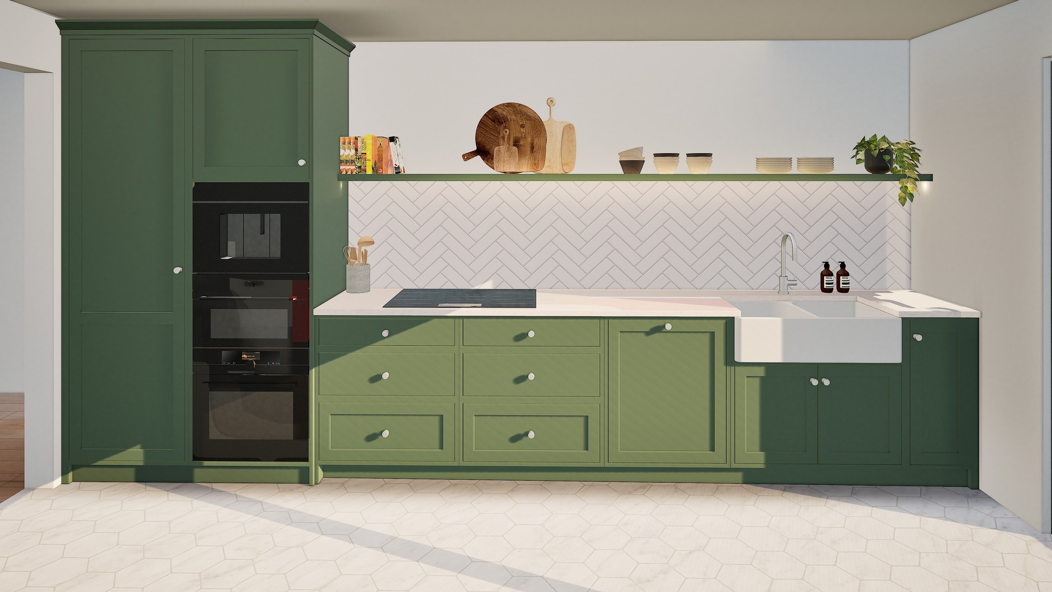 Designing a kitchen for an amazing client in Business Bay! The vision was to blend English and Scandinavian influences, so a Shaker style was the perfect fit. We went with slightly slimmer rails and stiles for a contemporary touch, and my client chose a stunning green shade for the cabinets. Can’t wait to see it all come together – stay tuned for the final reveal!
.
.
.
#Dubaiinteriors #kitchenrenovation #kitchendesign #bespokekitchen #shakerkitchen #shakerkitchens #dubaikitchen #homerenovationdubai #sketchuppro #greenkitchen #floatingshelf #belfastsink #businessbay #businessbaydubai