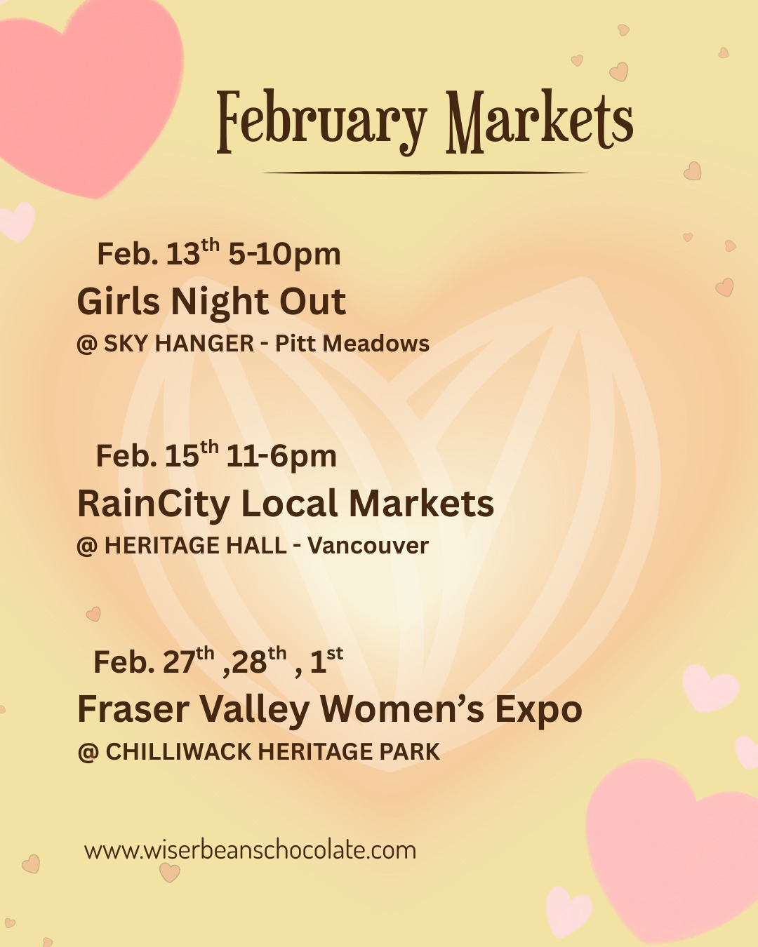 February is looking extra sweet💘
We're popping up at a few lovely markets this month- come say hi, sample some chocolate, and stock up on your favourites!
📆 Dates + locations are in the post
@thecollectivemarkets
@raincitylocalmarket
@fvwomensexpo
Which market are we seeing you at? 👀✨
#wiserbeanschocolate #chocolatelovers #marketseason #beantobarchocolatemaker #wheretastemeetswellness