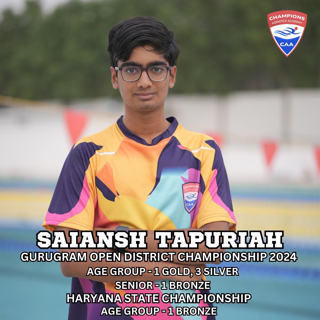 Introducing Saiansh Tapuriah
Let's give a big shoutout to Saiansh, who delivered a powerful performance at the Gurugram District Championship and Haryana State Championship 2024!
Gurugram District Championship 2024:
Age Group: 1 Gold , 3 Silver
Senior: 1 Bronze
Haryana State Championship 2024:
Age Group: 1 Bronze
Saianshâs relentless dedication and sheer determination have brought him an impressive collection of medals, proving that hard work truly pays off! His focus and commitment in the pool are inspiring, and weâre all excited to see him continue to excel.
#SaianshTapuriah #ChampionsAquaticsAcademy #MedalMaestro #SwimmingChampion #GurugramChampion #HaryanaStateChampion #ProudMoment #SwimStrong #Inspiration #AthleteSpotlight