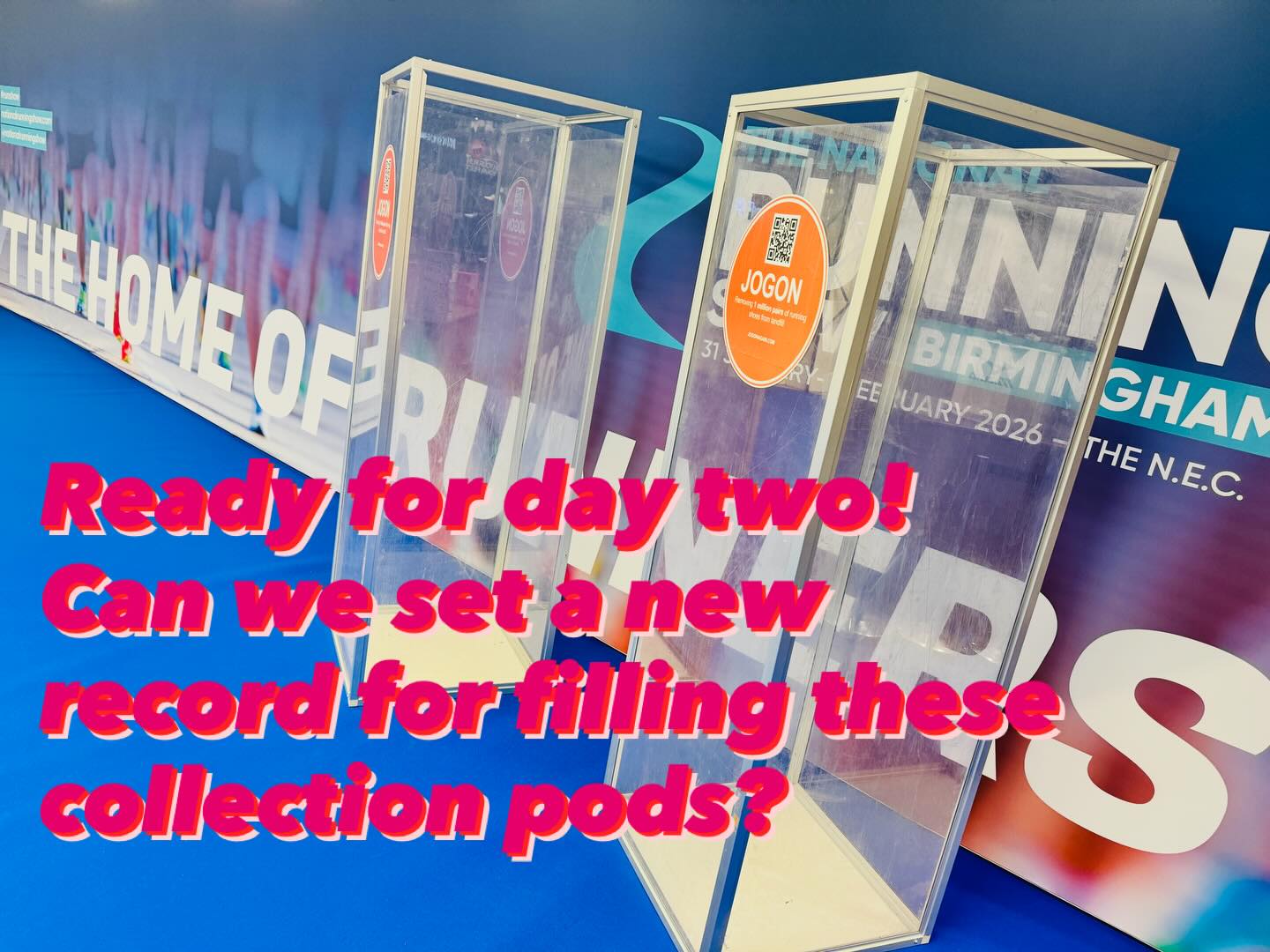 Keep ‘em coming. It took 47 mins to fill these collection pods yesterday! Can we beat that today? Remember, tie pars together at the laces and no bags please. Just place the shoes in the pods.