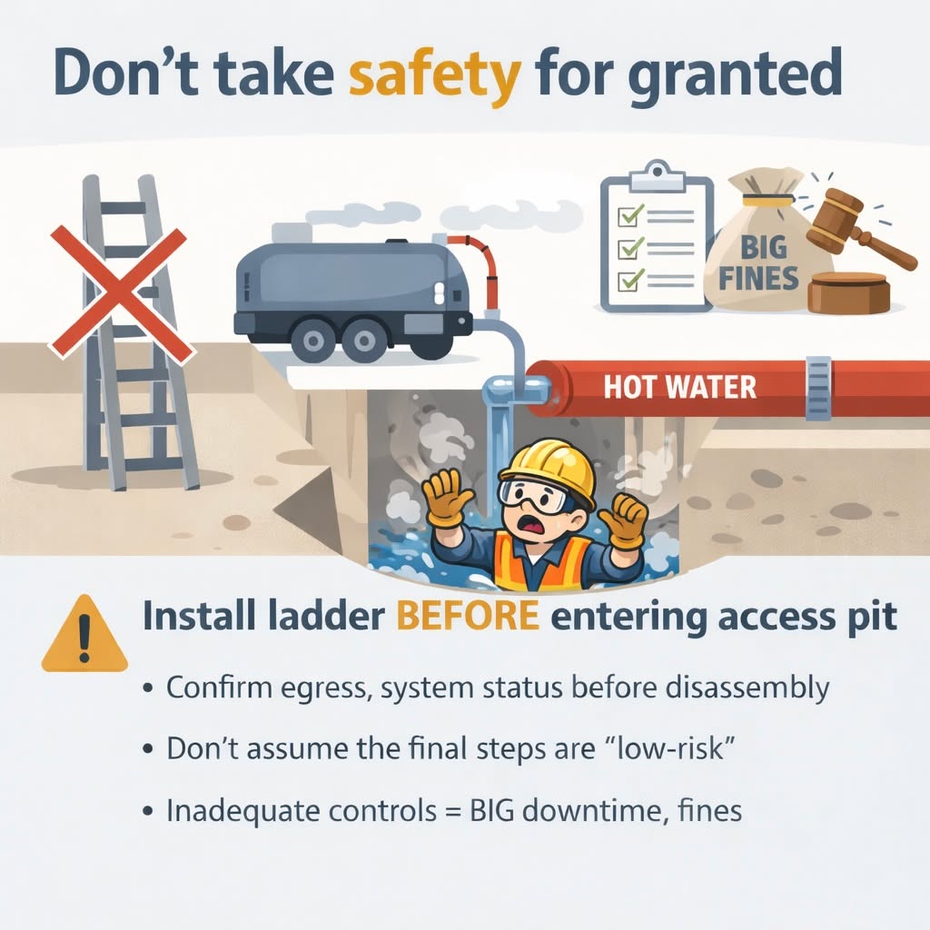 $147,000 in fines — for a ladder that wasn’t installed.
A worker was seriously injured in an Ontario relining project during hot-water curing when emergency egress from an access pit was delayed.
Reminder for contractors & supervisors:
✅ “On site” isn’t “ready to use.”
✅ Before anyone goes below grade, confirm egress is installed and accessible.
✅ Treat disconnects + demobilization as high-risk steps—not the “easy part.”
⚠️ Don’t let a missing basic control become an incident report
Read the whole article: https://lnkd.in/eq8Ff2FR
#ConstructionSafety #OHS #Ontario #ExcavationSafety #TrenchingSafety #Healthandsafety #torontoconstruction #cortech #cortechsafety