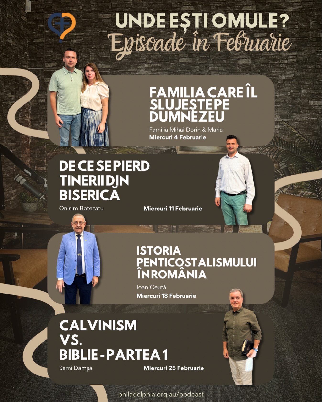 Unde ești, omule? – Episoadele din februarie
În luna Februarie vă așteptăm cu subiecte care ne privesc pe toți și invitați care au ceva de spus despre credință, familie și Biserică.
📅 În fiecare miercuri apare un nou episod de la 8PM.
Ascultă, urmărește și dă mai departe dacă simți că poate ajuta și pe alții.
👉 Toate episoadele sunt in linkul din bio!