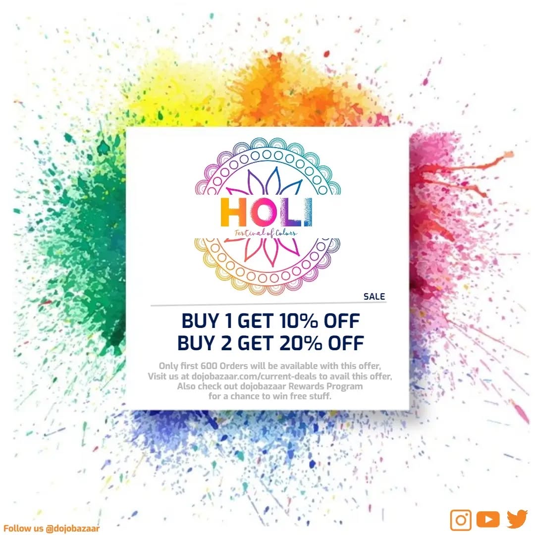 We wish you all happy Holi,
We've brought you
The Holi sale of the year...
BUY 1 GET 10% OFF
BUY 2 GET 20% OFF
Only the first 600 orders will be
available with this offer...
Visit us at dojobazaar.com/current-deals to avail this offer.
Also check out the dojobazaar Rewards Program for a chance to win free stuff from the store.
#holi #holiday #holisale #sale #free #rewards #giveaway #giveawayindia #fashion #apparel #stylefashion #off #stuff #onlineshopping #onlinestore
#viralreels #viral #trending #happyholi