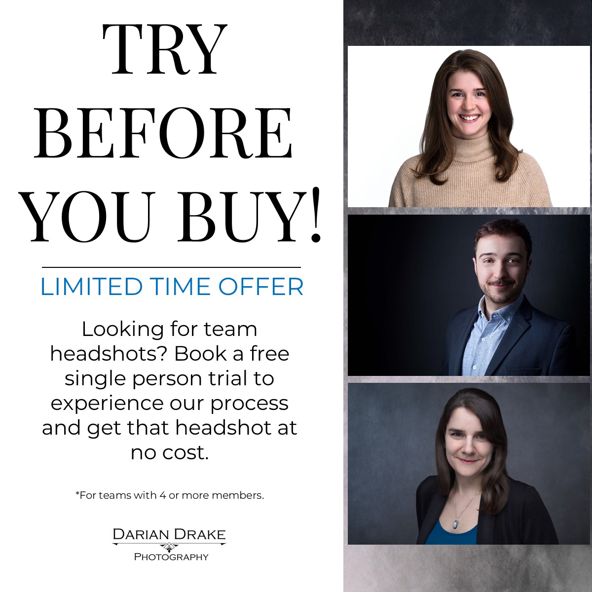 Thinking about updating your team’s headshots but not ready to commit yet?
Let’s make it easy.
At Darian Drake Photography, I’m offering a single-person trial headshot session for businesses who want to experience my process—completely risk-free.
Here’s how it works:
One person from your team books a trial photoshoot. I come directly to your place of work and complete the session efficiently, with minimal disruption to your day. That team member will receive a professionally edited headshot from their own private gallery, ready to use across your website, LinkedIn, and marketing materials—at no cost.
If you love the result (and I think you will), we can then duplicate the same streamlined photoshoot for the rest of your team. The outcome? Powerful, consistent headshots that elevate your brand, build trust, and present your business as polished and professional.
It’s the easiest way to see how cohesive team imagery can transform the way your business shows up—before making any commitment.
Interested in trying it out?
Send me a DM or email me at dariandrakephotography@gmail.com
*This offer is available to teams of 4 or more. Any trials set outside of the Peterborough area will be subject to a small travel fee.
**Some conditions may apply.
📍 Serving Peterborough, the GTA, and across Ontario
#gtabusiness #gtasmallbusiness #gtasmallbusinessowners #gtaheadshots #gtaheadshotphotographer #torontoheadshot #torontoheadshotphotographer #torontoheadshotphotography #torontocorporatephotography #torontocorporateheadshots #ptbobusiness #ptbokawarthas #ptboheadshotphotographer #ptboheadshots #ptbosmallbusiness #linkedinheadshot #headshotsontario