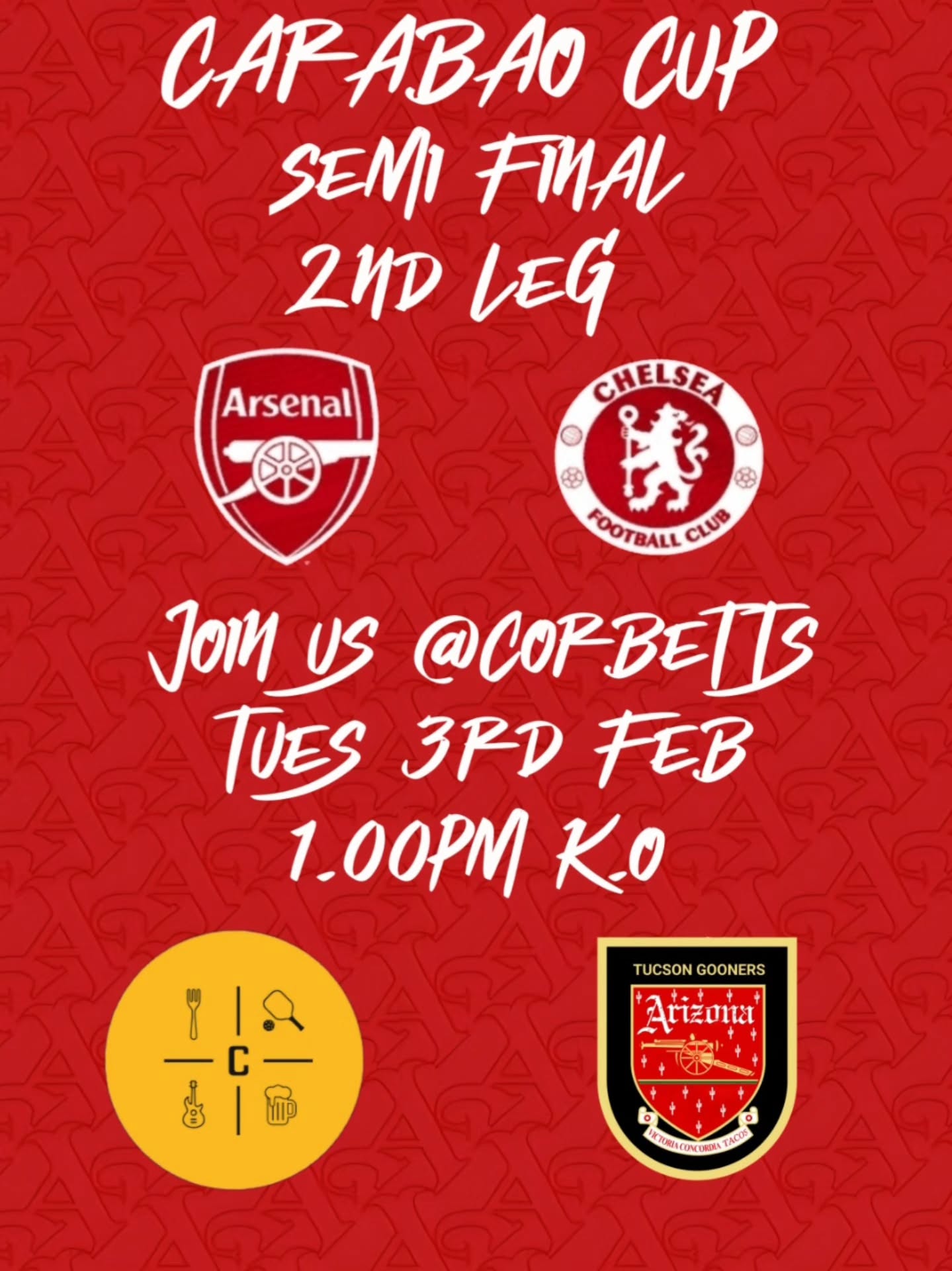 Join us @corbettstucson the second leg of the carabao cup semi final tuesday 3rd feb 1pm kick off !!
#coyg