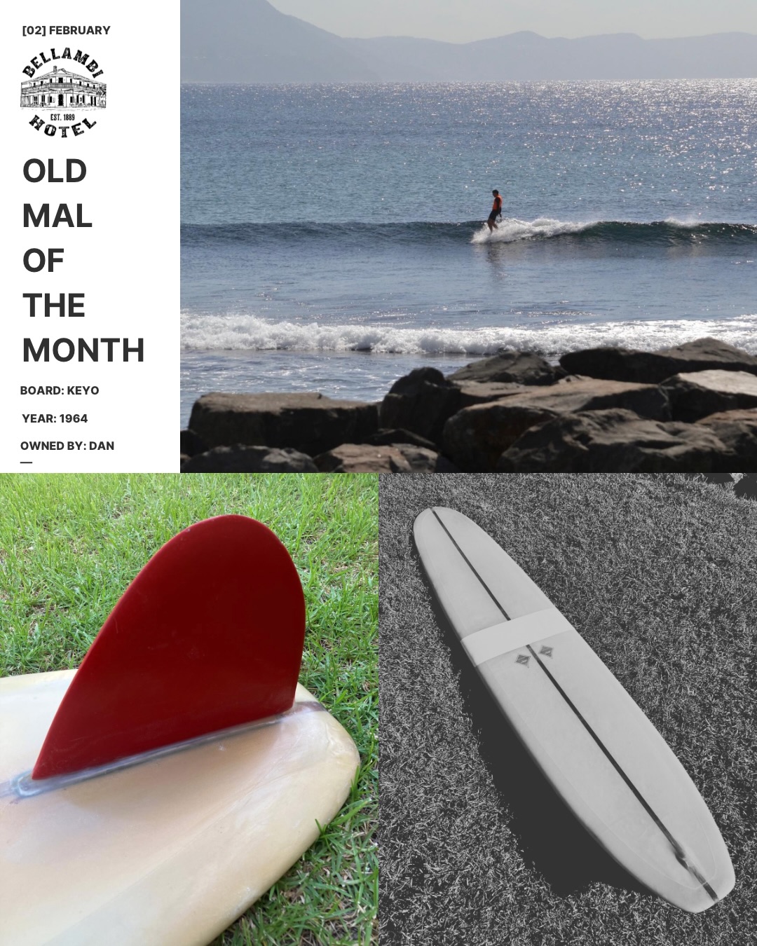 Februaryâs Old Mal of the month presented by our major sponsor @bellambi_pub .
Dan picked up this clean 1964 Keyo last year in Newcastle from its previous owner who rode it into the D fin finals at the Crescent Old Mal Comp.
After reaching out to Johnny at Keyo it was confirmed the red D fin was not original and it would have previously had a nylon dork fin. Dan has carried out repairs to the delam on the deck by re-glassing and adding the comp band over the repair.
Keyo is steeped in historical significance and itâs no accident that the name & culture have survived.Â
In 1957 a young Denny Keogh started shaping surfboards from a garage and in 1959 officially opened the @keyointl Surfboard factory & retail shop in the Northern Beaches suburb of Brookvale, Sydney. A neighbourhood that quickly became the nations surfboard manufacturing hub.â¨â¨Midget Farrelly; winner of the 1963 Makaha international, was the first surfboard shaper brought in to help with the workload. Denny in fact shaped the board that Midget rode to victory in the first World Surfing Championships, held at Manly Beach in 1964.
Credit: history from keyosurfboards.com