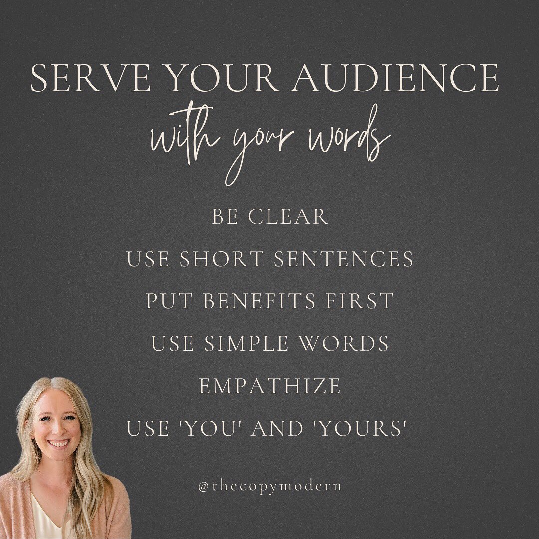 Good copywriting serves your audience. No one wants to…
• read a confusing message
• endure long sentences
• not understand the value offered
• think hard about the meaning
• feel disconnected
Good messaging serves people. Like this post if you agree🖤
#copywriter #copywriting #entrepreneur #entrepreneurship #sanantoniocopywriter #sanantoniosmallbusiness #salescopywriter #websitecopywriter #marketingtips #onlinemarketing #copywritingtips #copywriting101 #contentmarketing #contentmarketingtips #copywritingservice #digitalmarketingtips #marketinghelp #writingtips #smallbusinessmarketing #businessgoals #creativebusiness #smallbiztips #brandstorytelling #clearcopy #clearcopywriting #clearmarketing #engageyouraudience