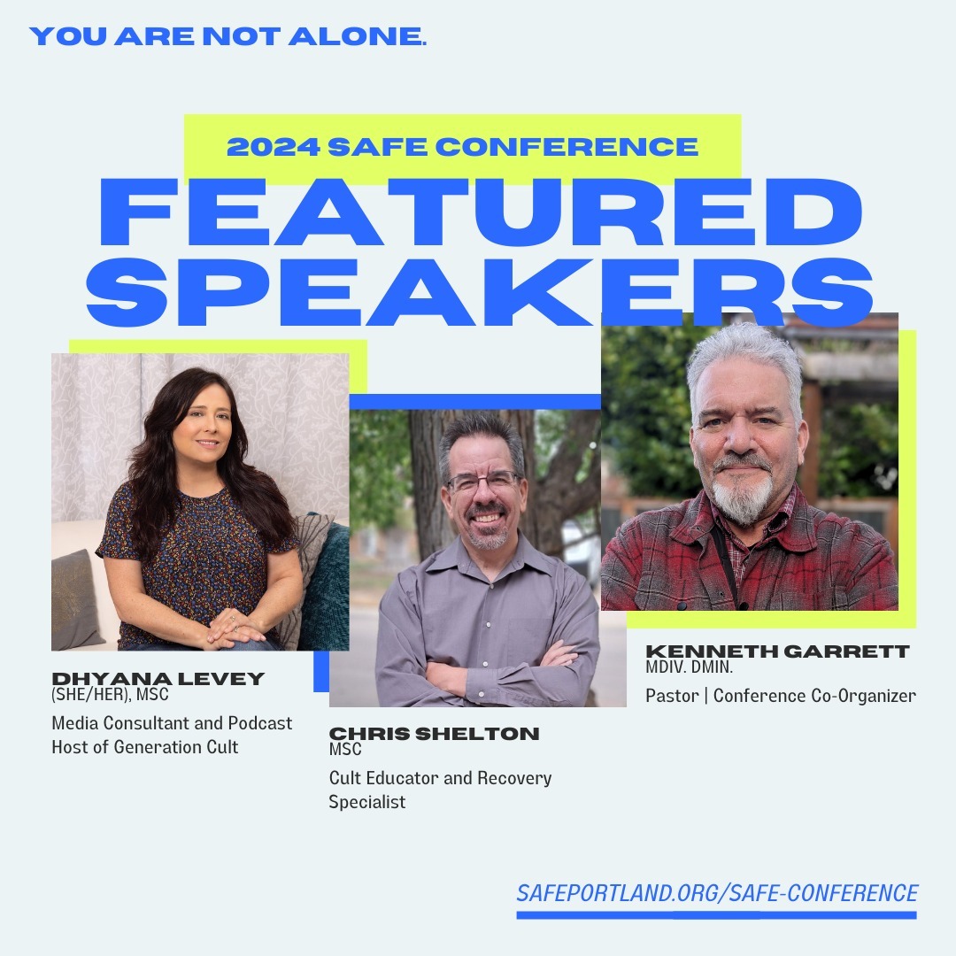 Happy Wednesday! I am excited to highlight some more FEATURED SPEAKERS!
Join us at the Not Alone: A Conference for Survivors and Helping Professionals on May 11, 2024, in Portland, Oregon!
You will get the chance to meet two graduates of the Psychology of Coercive Control Program offered by the University of Salford: @dhyanalevey and @chrissheltonmsc. As well as @ken.garrett, the founder of the Spiritual Abuse Forum for Education. After leaving his own Christian cult years prior, Ken Garrett founded the Spiritual Abuse Forum for Education to help other survivors connect and build relationships.
This event will feature a range of expert presenters specializing in topics such as coercive control, cult recovery education, and religious trauma therapy.
This event is sponsored by the Spiritual Abuse Forum for Education (SAFE), a regular meetup in Portland, Oregon. This will be SAFE's second sponsored conference in Portland. Our conference co-sponsors include @peopleleavecults, @empathyparadigm, @ecumenicaloregon, @cultnews101, and Cult Mediation.
You can register for the conference with the link in bio or at https://www.safeportland.org/safe-conference.
.
.
.
#notalonepdx #pdxevents #pdxconference #portlandevents #portlandoregon #portlandconference #traumarecovery #religioustrauma #religiousabuse #control #manipulators #religion #cultexpert #psychology #cultrecovery #cultsurvivors #cult #cultspecialist #igotout #narcissisticabuseawareness #narcissist #peopleleavecults #coercivecontrol #coercionisnotconsent #howtoleaveacult #borninacult #notaloneconferencepdx #psychologicalsafety