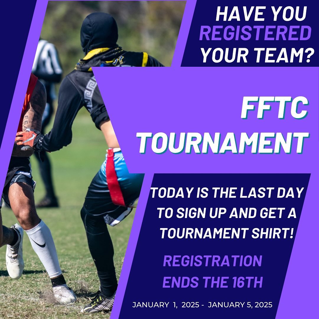 📣 Calling all teams! Have you secured your spot in the FFTC Tournament? 🏈
TODAY is the LAST day to register and snag a tournament shirt!
📅 January 1-5, 2025
📍 Village Park, Wellington, FL
Don’t wait—let’s kick off the new year for a cause! Register now before it’s too late.
#FFTC2025 #FlagsForTheCure #flagfootball #flagfootballtournament