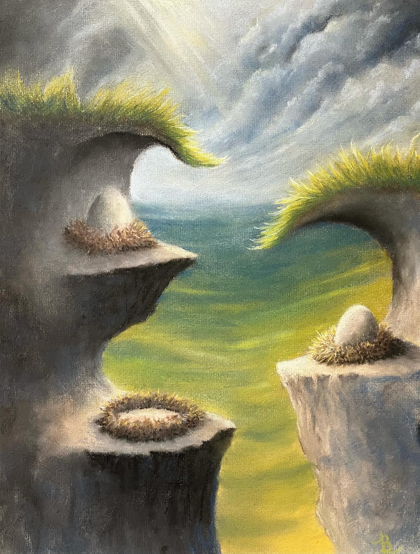 “Empty Nest.” This piece stemmed from a personal loss for me about six year ago. Representing new life growing alongside the absence of life, the original sketch focused heavily on the emptiness of the third nest. Bringing this piece from concept to final work, I found the focus organically shifted from the darkness and mournful loss of the third egg to the light and hope resting in the second egg. I am amazed to see how time really does heal. The pain from the loss will never be erased, but time and hope are a balm for many wounds.
#newart #chalkpastel #painting #bittersweet #landscape