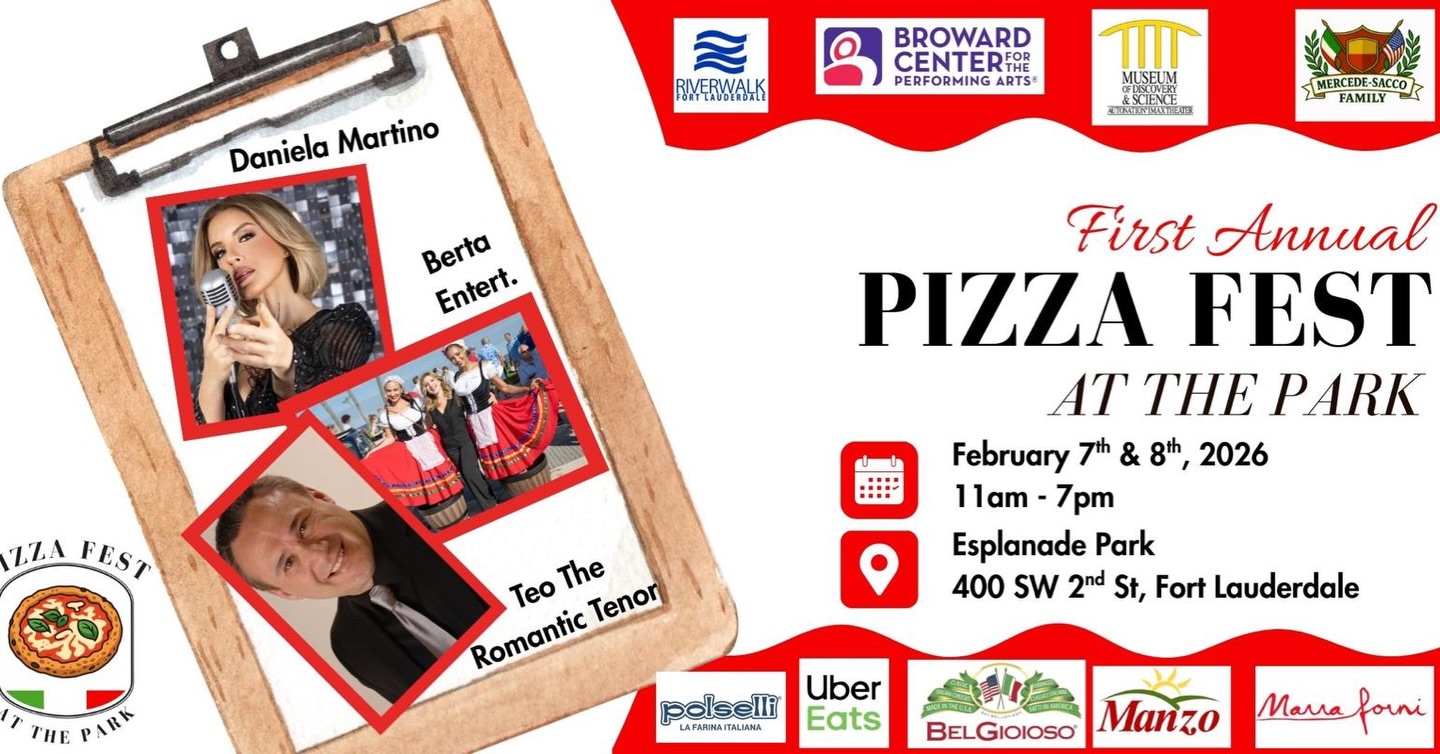 Join us for the First Annual Pizza Fest at the Park
📅 February 7 & 8, 2026
⏰ 11AM–7PM
📍 Esplanade Park, Fort Lauderdale
Enjoy incredible live entertainment, family-friendly vibes, and some of the best pizza around, all in one place.
Come hungry, bring your people, and make a day of it ❤️🍕
🎟️ Tickets available — link in bio