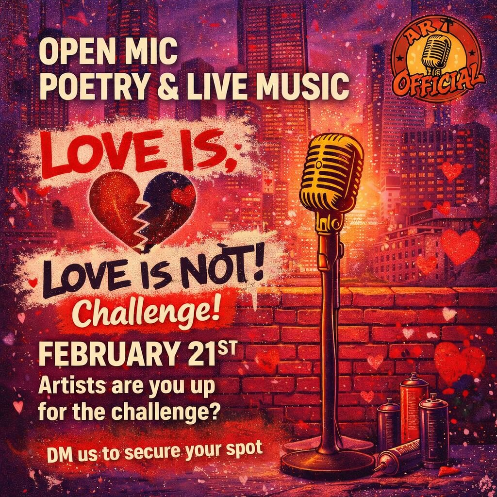 DFW creatives 🎤
Tag a poet, artist, or musician for the Love Is, Love Is Not Challenge at the next ArtOfficial Showcase Feb. 21st at Irving Fine Arts Academy.
Limited performers. Cash prize on the line. DM us to lock in your slot.
Not competing? You can still hit the open mic stage.
#DFWevents #DallasPoetry #FortWorthEvents #SpokenWord #PoetryShow #OpenMicNight #DFWArtists #LivePoetry #ArtOfficial #LoveThePoet #SupportLocalArtists #PoetryCommunity #FebruaryEvents #MonthOfLove 💕