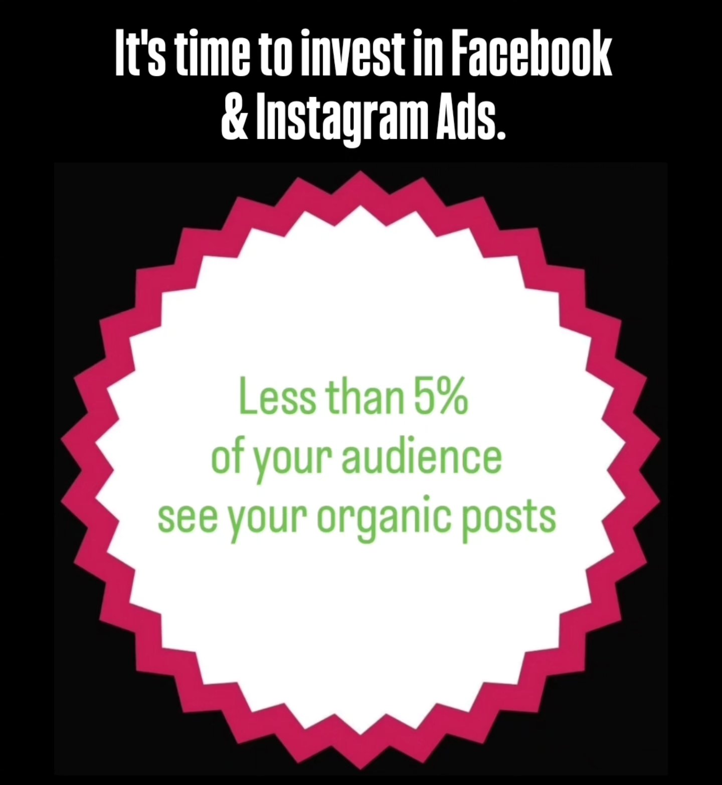 Get your business seen so that you can make more 💰
Organic posts offer no promise of that with less than 5% of your audience seeing your content 🙈
Paids Facebook & Instagram Ads are guaranteed to be seen 🤩 by your existing clients and so many more!
Getting your business and offers seen means you can...
👉 Attract new clients
👉 Get more bookings
👉 Make more sales
Ads are great for business big and small.
Don't be invisible. Be seen.
#beseen #Facebookads #inastagram #dontbeinvisiblebusiness #attractclients #makesales #easy