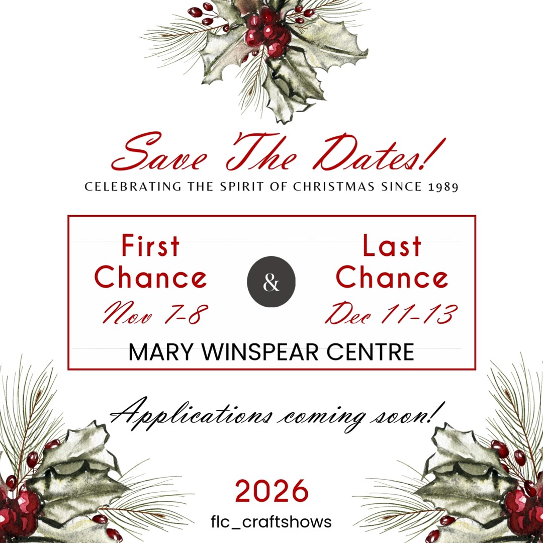 We’re delighted to unveil the dates for our 2026 First & Last Chance Christmas Craft Shows!
Once again, both events will take place at the beautiful Mary Winspear Centre in Sidney, BC — a welcoming venue perfect for celebrating the holiday season. Be sure to save the dates! First Chance is set for November 7th-8th, with Last Chance Show following from December 11th-13th.
Keep an eye out for more details coming soon. We’re excited to share this festive season with you and to showcase the incredible talents of our artisans and makers!
Artists and artisans, application details will be shared soon. We can’t wait to see what amazing creations 2026 will bring!
For updates and more information, visit us at www.firstandlastchance.ca and join us in the holiday cheer!
#flcraftshows #christmascrafts #supportlocalmakers #madeinbc #handmadehappiness #holidayfestivities #supportartisans #victoriabc #saanich #sidneybc #marywinspearcentre #shoplocal #craftsmanship #handmadewithlove #smallbusinesssupport #festiveseason #wintermarket #joyofhandmade