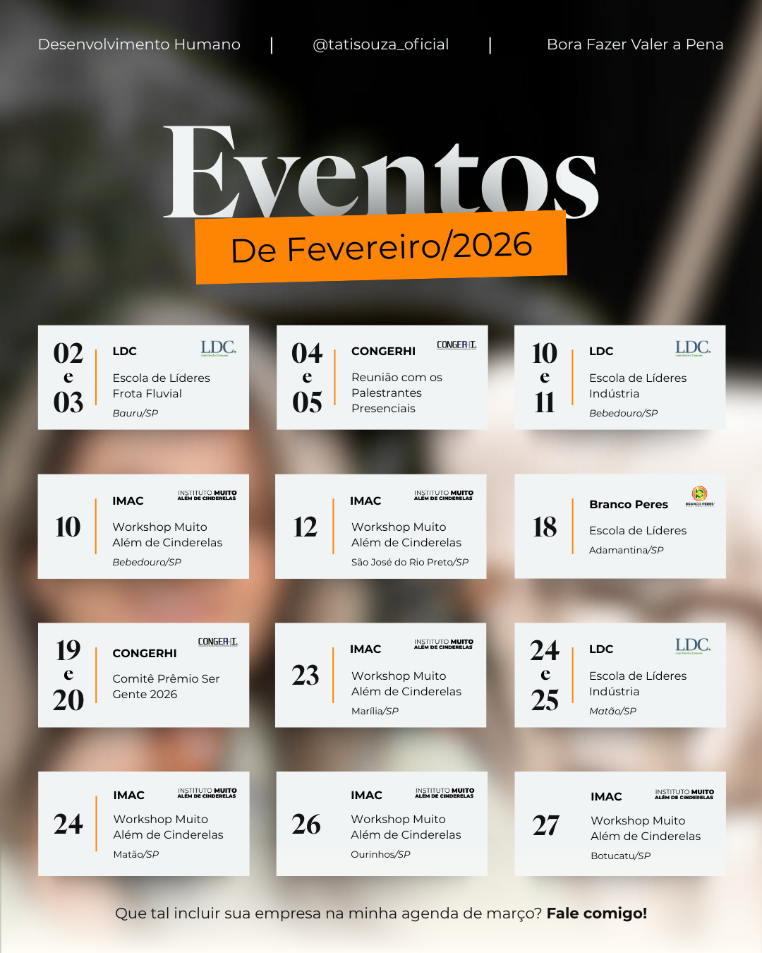 🔥 Fevereiro será um mês de transformação! 🔥
Estou empolgada para levar minha metodologia de liderança e desenvolvimento humano a diversas empresas e líderes ao longo deste mês! De workshops imersivos a treinamentos de alta performance, cada encontro será uma oportunidade única para criar mudanças reais e duradouras.
Com uma agenda cheia de eventos e reuniões estratégicas, vou ajudar organizações a desenvolverem líderes conscientes, capazes de gerar resultados sustentáveis e criar culturas mais humanas e engajadas.
Se você busca impacto real, resultados tangíveis e transformações profundas para sua equipe ou empresa, este é o momento de agir! Estou pronta para criar experiências que vão elevar o nível de sua liderança e transformar seus desafios em oportunidades de crescimento.
Está preparado para fazer a diferença? Vamos juntos impulsionar sua empresa para um futuro mais claro, estratégico e alinhado com seus objetivos!
💬 Entre em contato para saber como podemos transformar sua organização e criar líderes que realmente fazem a diferença!