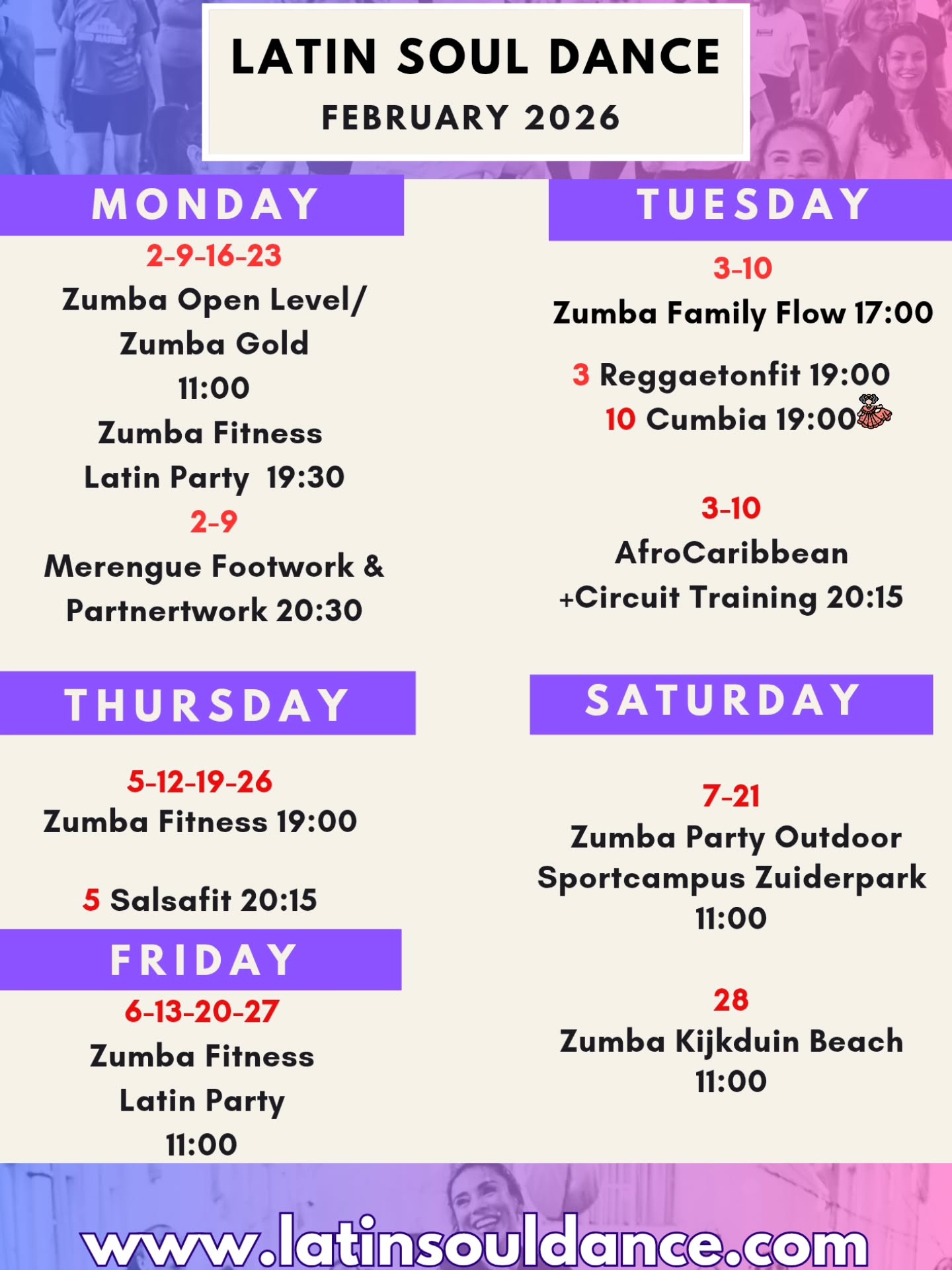 💃✨ LATIN SOUL DANCE – FEBRUARY 2026 ✨💃
Dance. Sweat. Connect. Feel alive.
February is full of rhythm, joy, and movement at Latin Soul Dance in The Hague.
From energizing Zumba mornings to evening Latin parties, family-friendly classes, Afro-Caribbean strength, and outdoor dance moments — there’s something for everyone.
🌍 What makes February special?
✔️ Open-level classes – no experience needed
✔️ Family-friendly options
✔️ Afro-Caribbean & Latin rhythms
✔️ Indoor & outdoor dance experiences
✔️ A warm, international community
🗓 Weekly Highlights
Mondays
Zumba Open Level / Zumba Gold · Zumba Fitness Latin Party · Merengue Footwork & Partnerwork
Tuesdays
Zumba Family Flow · Reggaetonfit · Cumbia · Afro-Caribbean + Circuit Training
Thursdays
Zumba Fitness · Salsafit
Fridays
Zumba Fitness – Latin Party (morning joy!)
Saturdays
Zumba Party Outdoor – Sportcampus Zuiderpark
Special edition: Zumba Kijkduin Beach – Feb 28
💛 This is more than fitness
This is a space where you:
Dance without fear
Move at your own pace
Feel welcome exactly as you are
Connect with people from all over the world
📍 The Hague
🕺 All levels · All ages · All bodies welcome
🌐 www.latinsouldance.com
👉 Save this calendar
👉 Tag your dance buddy
👉 Join us and feel the Latin Soul energy
#LatinSoulDance
#ZumbaTheHague
#DanceInTheHague
#LatinDanceNL
#ZumbaNL
AfroCaribbeanDance
DanceWithoutFear
ZumbaFamilyFlow
OutdoorZumba
ZumbaBeach
FeelTheRhythm
DanceCommunity
MoveWithJoy
InclusiveFitness
LatinVibes