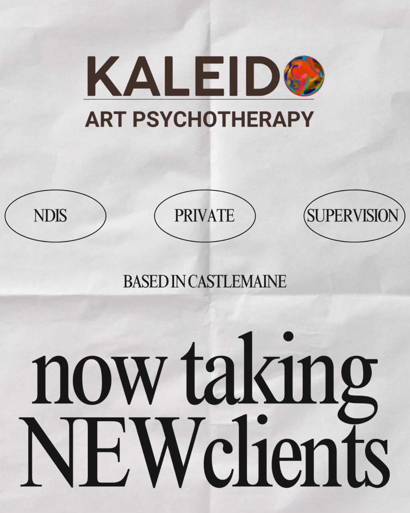 We're excited to share the news that Annie is now dedicating her full time to Kaleido! This means there are plenty of opportunities for you to book an Art Therapy session with them. Our cozy Kaleido Art Therapy studio has found a new home in Castlemaine, but if you can't make it in person, don't worry—we offer online sessions too, this includes art therapy supervision.
Feel free to reach out to Annie via email at Annie_kaleidoarttherapy@outlook.com, or give them a call or text at 0412404622.
For more information about Annie and Kaleido Art Psychotherapy, visit our website at www.kaleidoarttherapy.com or simply click the link in our bio. We look forward to welcoming you!
#arttherapy #castlemaine
ID: white paper with kaleidos logo and text reading 'NDIS, Supervision, private. Now taking new clients '