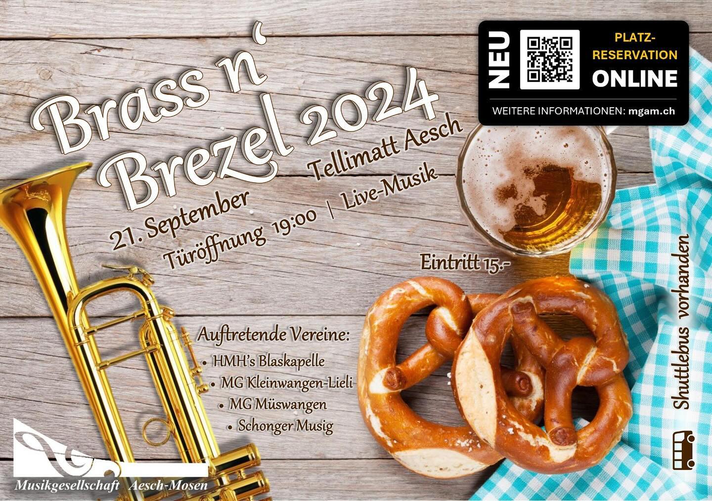 Am 21. September 2024 spielt die Blaskapellenformation der HMH am Brass n‘ Brezel in Aesch. 🥨🍻🎉
Organisiert wird dieser tolle Anlass durch die @mg_aesch_mosen . Vielen Dank, dass wir dabei sein dürfen! 🤩
Wir würden uns freuen, ein paar bekannte Gesichter an unserem Auftritt zu sehen. Plätze können unter folgendem Link reserviert werden: https://eventfrog.ch/de/p/party/schlager-volksmusik/brass-n-brezel-7231729069775064888.html
#hmh #harmoniemusikhitzkirchertal #blaskapelle #brassnbrezel