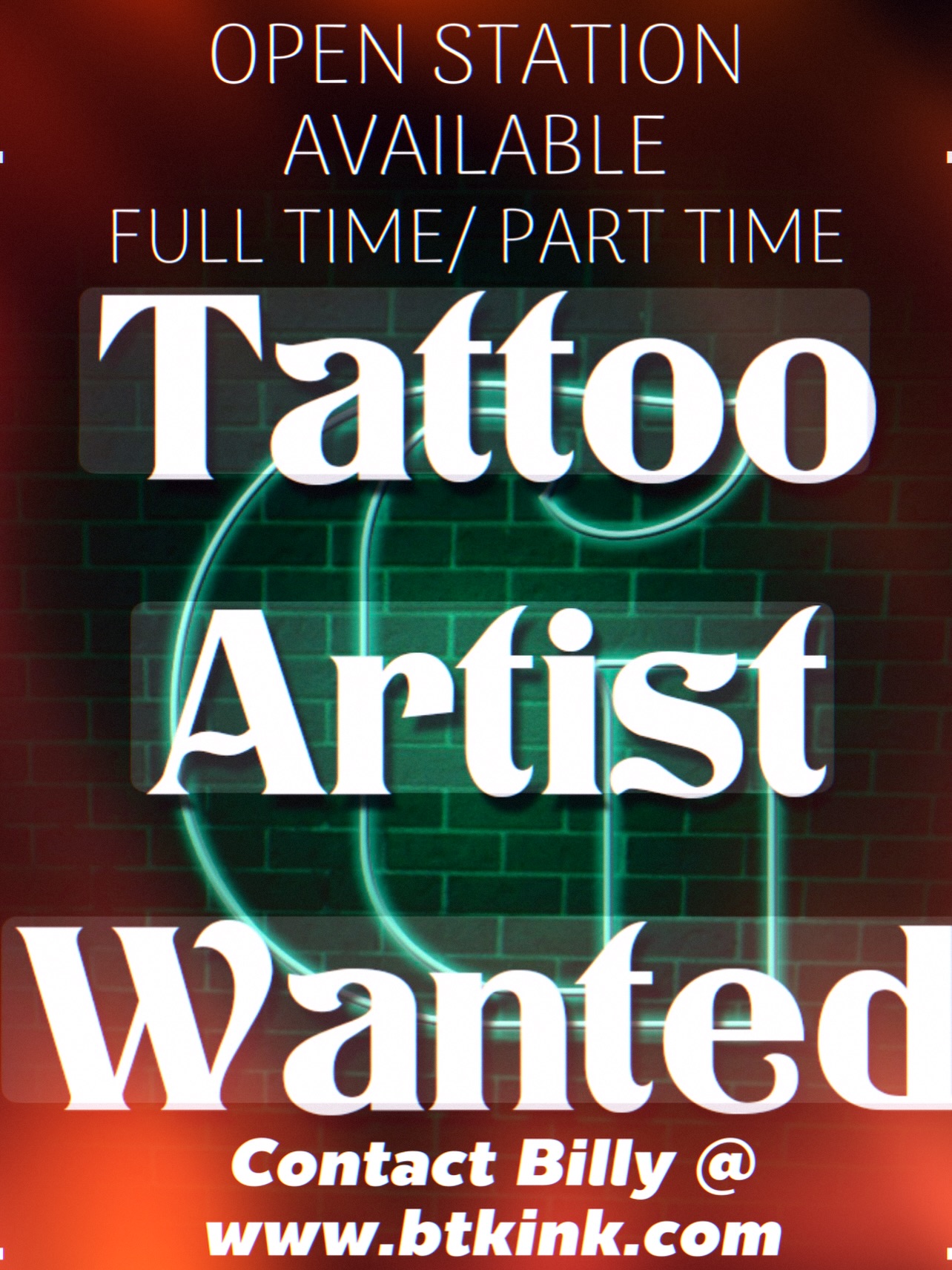 Open stationโ Tattoo Artist Needed. Full time/ Part rime/ Guest spot.
Apply @ www.btkink.com