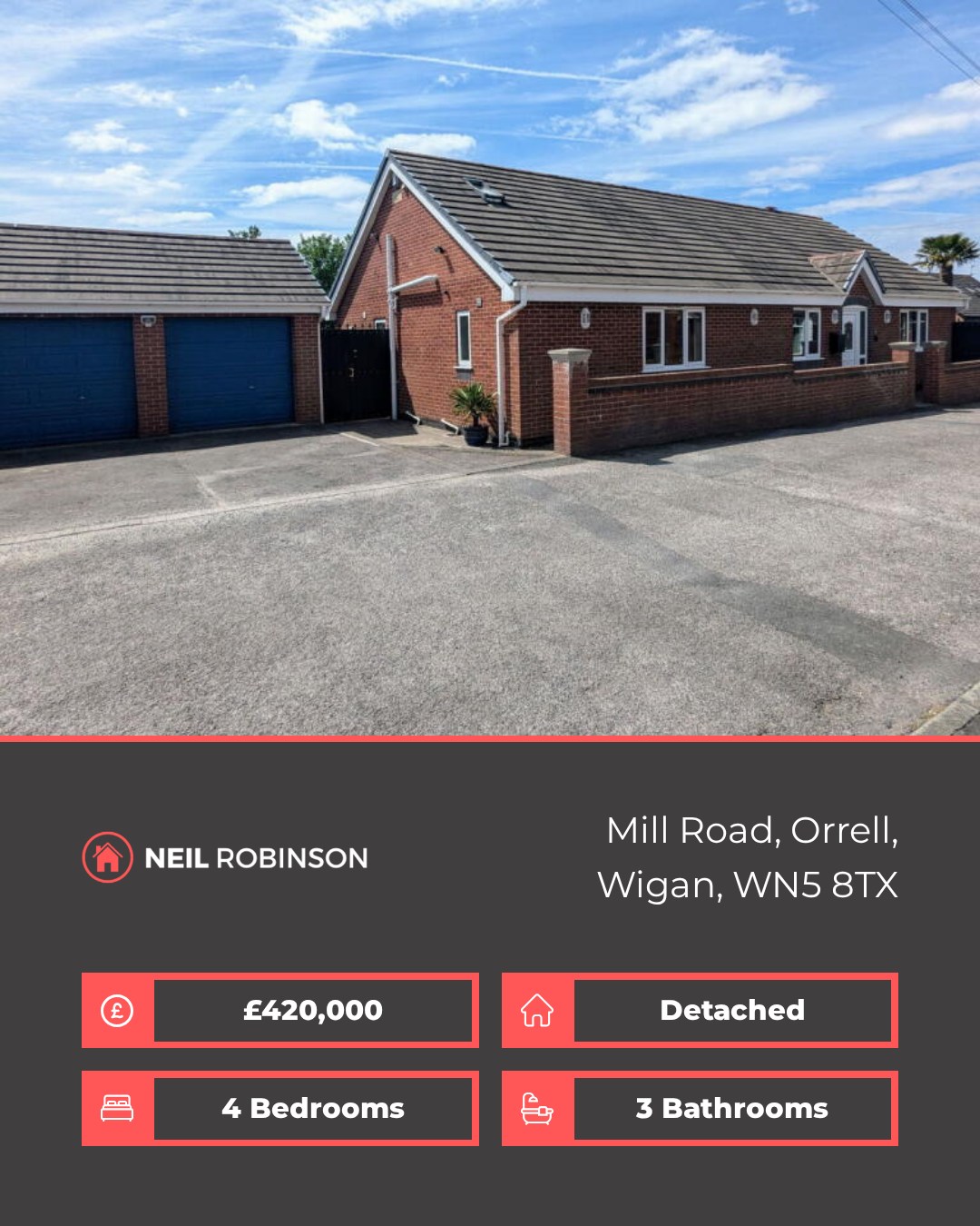 ✨ Featured Property For Sale ✨
📍 Mill Road, Orrell, Wigan, WN5 8TX
🏠 4 Bedroom, Detached. £420,000
Nestled on the sought-after Mill Road in Orrell, this impressive four-bedroom detached home is positioned on a generous plot of approximately 5,000 sq ft.
◾ Detached four-bedroom home
◾ Chain-free sale
◾ Detached double garage
◾ Spacious lounge
◾ Separate dining room
◾ Well-equipped kitchen
◾ Two ground floor bedrooms
◾ Two large upstairs bedrooms
◾ Modern family bathroom
◾ Low-maintenance rear garden
For more information please visit our website or contact us via:
📍 | Orrell Office
📞 | 01695 355120
🌎 | www.neilrobinson.co.uk
🖥 | https://rightmove.co.uk/properties/162389204#/?channel=RES_BUY