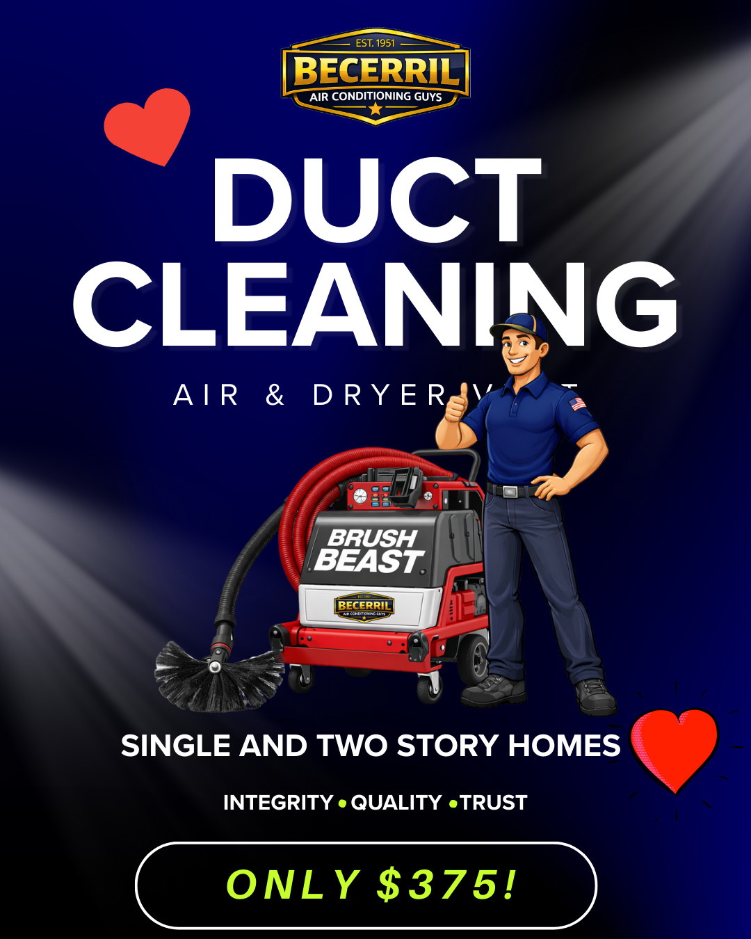 This Valentine’s Day give a gift that lasts: cleaner air for the whole family. Becerril Air Conditioning Guys use a high‑powered duct‑cleaning system to remove years of dust, pet hair, dust mites and other debris from your home’s ducts in El Centro and Chula Vista. The result? Fresher air, improved airflow, and a healthier indoor environment for kids and seniors.
Thinking about a home without ducts? Ask about their ductless mini‑split heat pump options—comfort year‑round without installing ductwork.
Book early — slots fill fast for the promotion. Link in bio to learn more and schedule. ❤️🔧🏡 #CleanAir #DuctCleaning #ElCentro #ChulaVista #HomeComfort #DuctlessHeatPump #ACReplacement #LocalBusiness