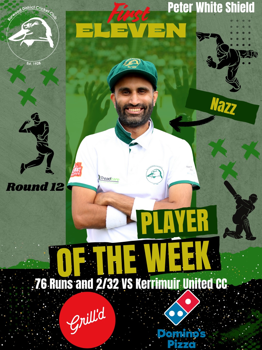 🏏 PLAYER OF THE WEEK | BDCC – WEEK 16 💚💛
Another big week for the Burras, with standout individual performances right across the club.
🟡 1st XI – Nazz (76 & 2/32)
A true all-round performance against Kerrimuir United, backing up a strong spell with the ball before leading the fight with a composed 76.
🟢 2nd XI – Aniket Pandit (3/13)
Sharp, disciplined bowling against Laburnum CC, ripping through the top order and keeping the pressure on from the start.
🟡 3rd XI – John Desmarchelier (5/7)
An outstanding spell against Forest Hill CC, producing match-winning figures and turning the game on its head.
🟢 4th XI – Ravinder Singh (4/24)
A key bowling effort against Forest Hill CC, consistently hitting the right areas and helping maintain the 4s’ unbeaten run.
🐏 Vets XI – John Desmarchelier (42*)
A classy, unbeaten knock — his highest score for the Burras — showing composure and experience against Box Hill North Super Kings CC.
Huge thanks to our sponsors @dominos_ashburton and @grilldburgers for backing our weekly awards 💚💛