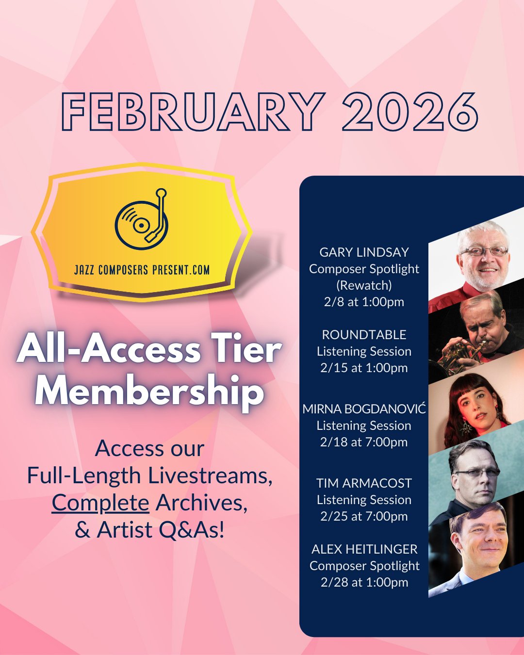 Check out our exciting list of livestreams for February, 2026, featuring Gary Lindsay @gary.lindsay.758 @frostschoolum, Mirna Bogdanovic @mirnabogdanovic, Tim Armacost @t_armacost, Alex Heitlinger, and our Roundtable featuring the music of Kenny Wheeler (Paul Read, Nick Smart @nicksmartmusic, John Daversa @johndaversa)!
Become a member to watch full-length (~60min) events and participate in live Q&As.
#february #calendar #garylindsay #kennywheeler #mirnabogdanovic #timarmacost #alexheitlinger #paulread #nicksmart #johndaversa #listeningsession #listeninghang #composerspotlight #roundtable #jazz #jazzcomposition #jazzcomposer #jazzcomposerspresent #composer #arranger #composition #arranging #masterclass #jazzmusic #lesson #learnjazz #musician #music #bigband #nomusicnolife