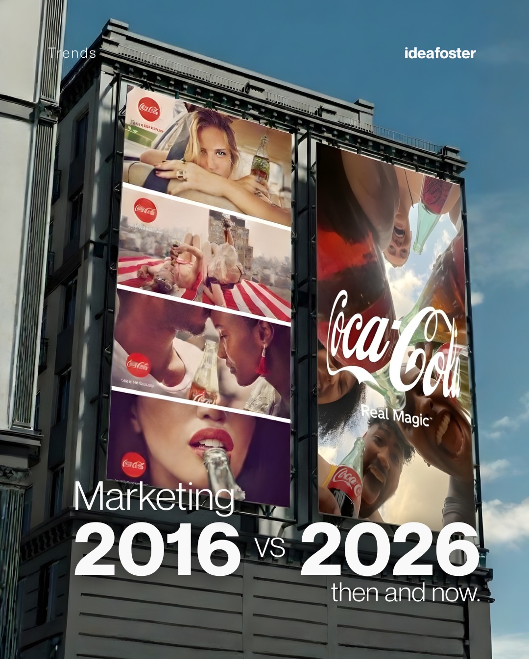 Marketing 2016 vs Marketing 2026:
from selling stories and chasing visibility
to listening, connecting and acting with intention.
At ideafoster, we didn’t want to let this trend pass.
So we looked back at how marketing worked in 2016 and how it works now.
Which shift feels most relevant to you?
Which one impacted you the most?