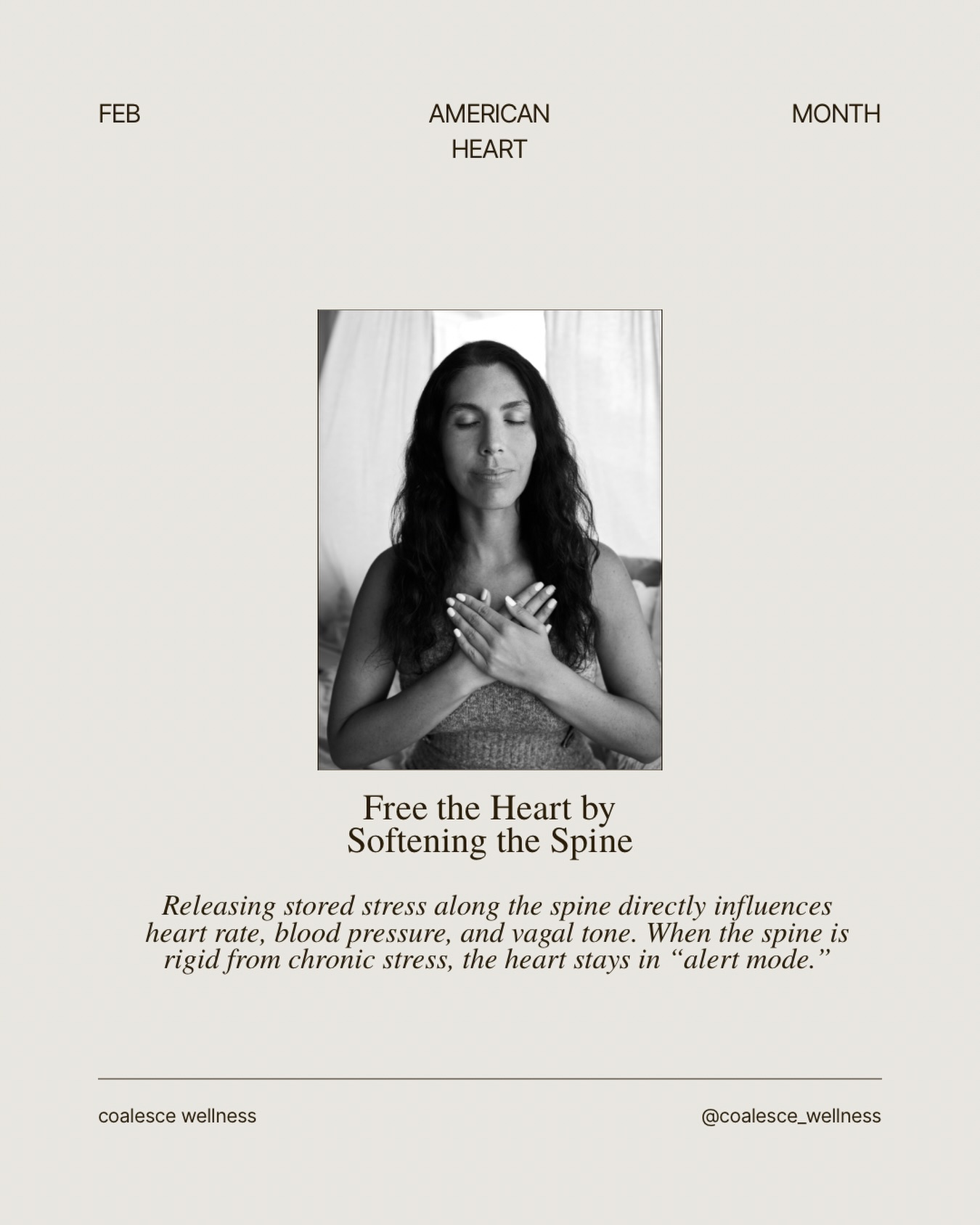 Your heart listens to your nervous system before it listens to your will. 🤍
Heart Month Tip:
Support your heart by prioritizing spinal flexibility and gentle spinal unwinding, when the spine softens, the heart doesn’t have to work as hard to regulate stress responses.
